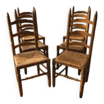 Set of 6 vintage wooden ladder-back dining chairs with woven seats