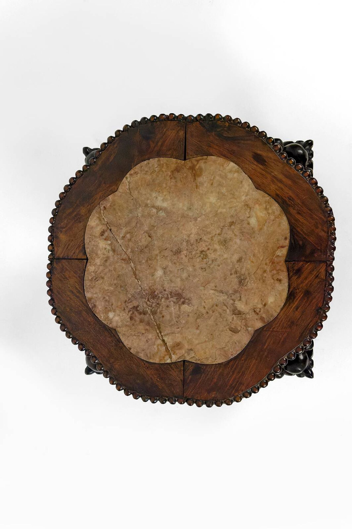 Asian wooden stand carved with Demons, marble top, Indochina, circa 1880