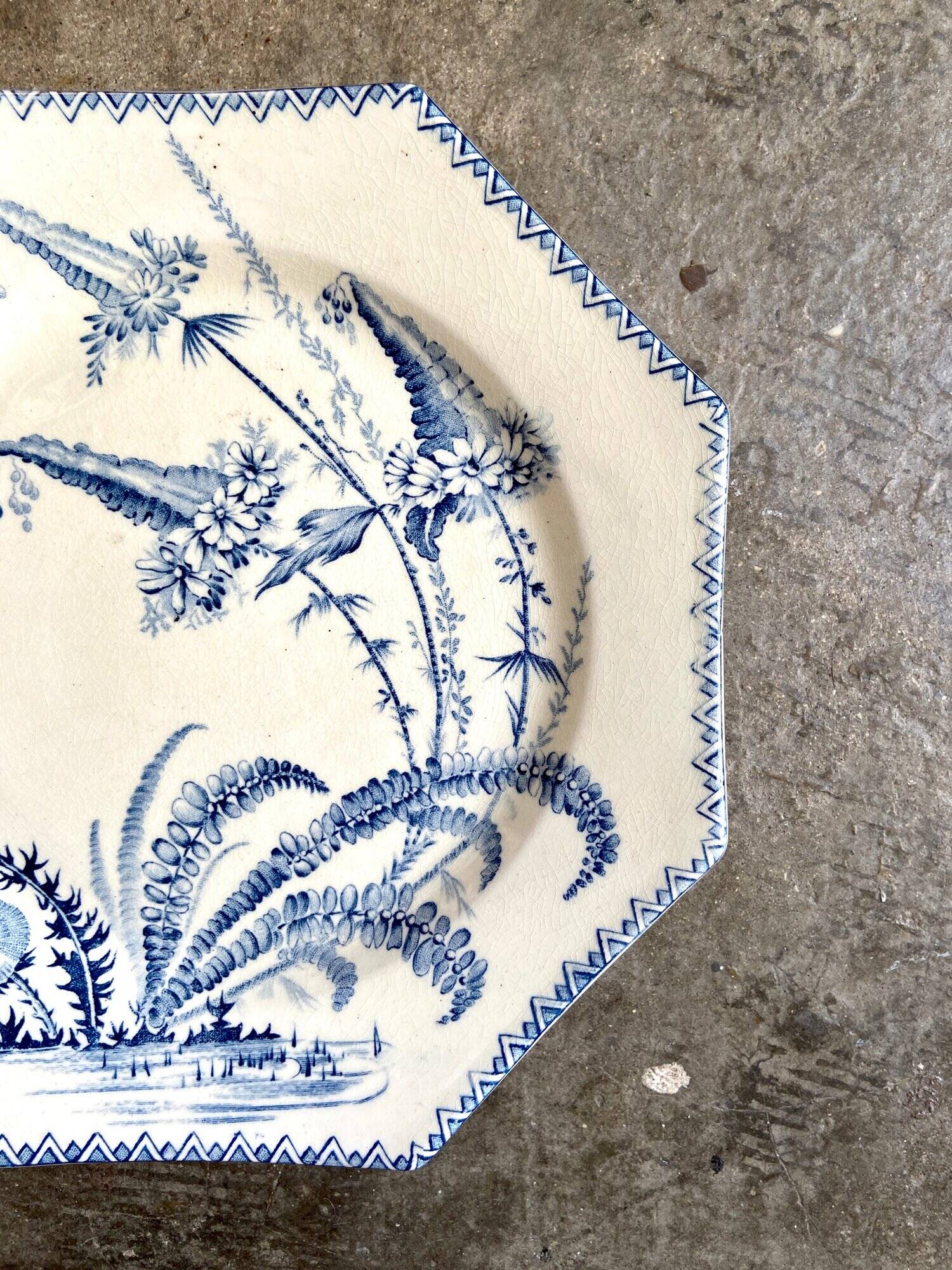Assiette Octogonale Vintage Indiana - Motif Bleu, Porcelaine - Occasion En Bon état, Décoration Rétro