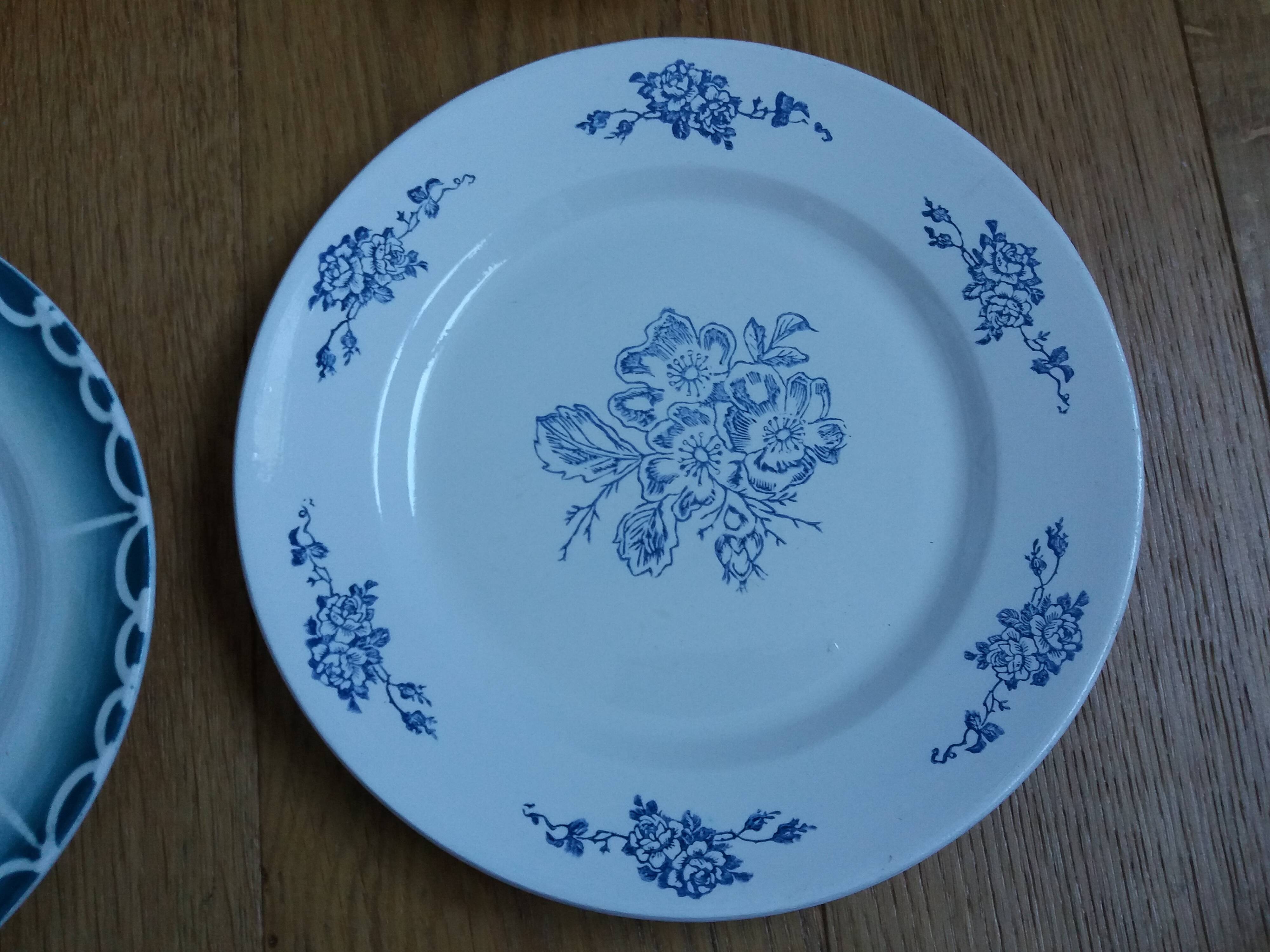 Old green and blue mismatched plates from Digoin, Salins, Moulin des Loups