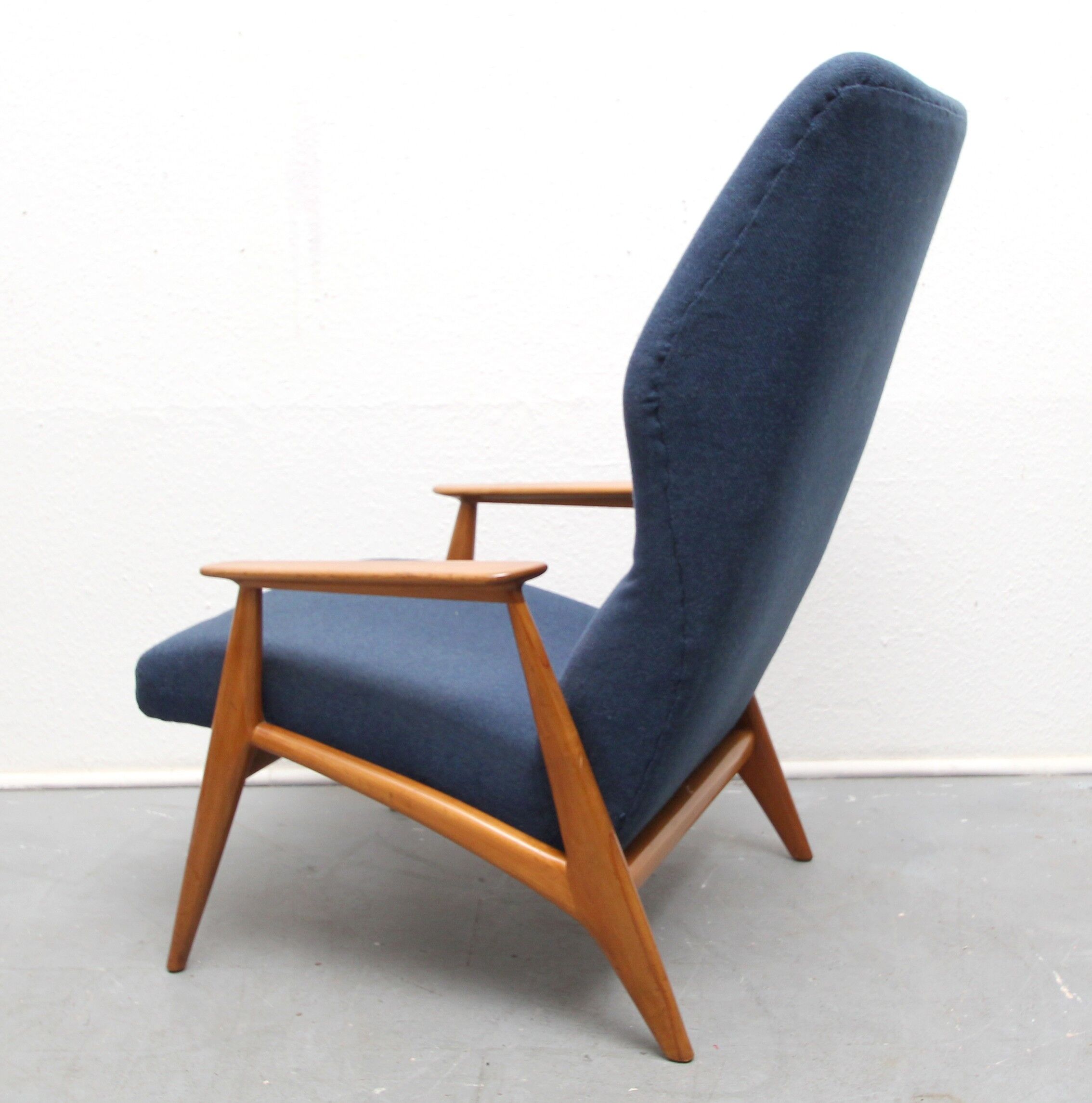 Danish armchair in cherry wood and dark blue fabric