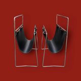 Pair of vintage magazine racks in chromed metal and black leatherette - 1970s