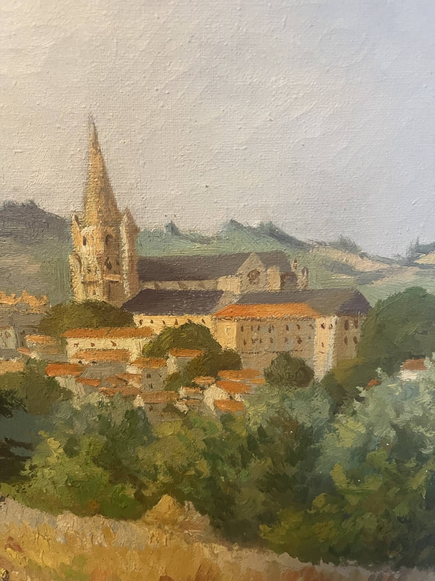 Oil on canvas rural landscape, village steeple and its countryside.
