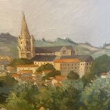 Oil on canvas rural landscape, village steeple and its countryside.