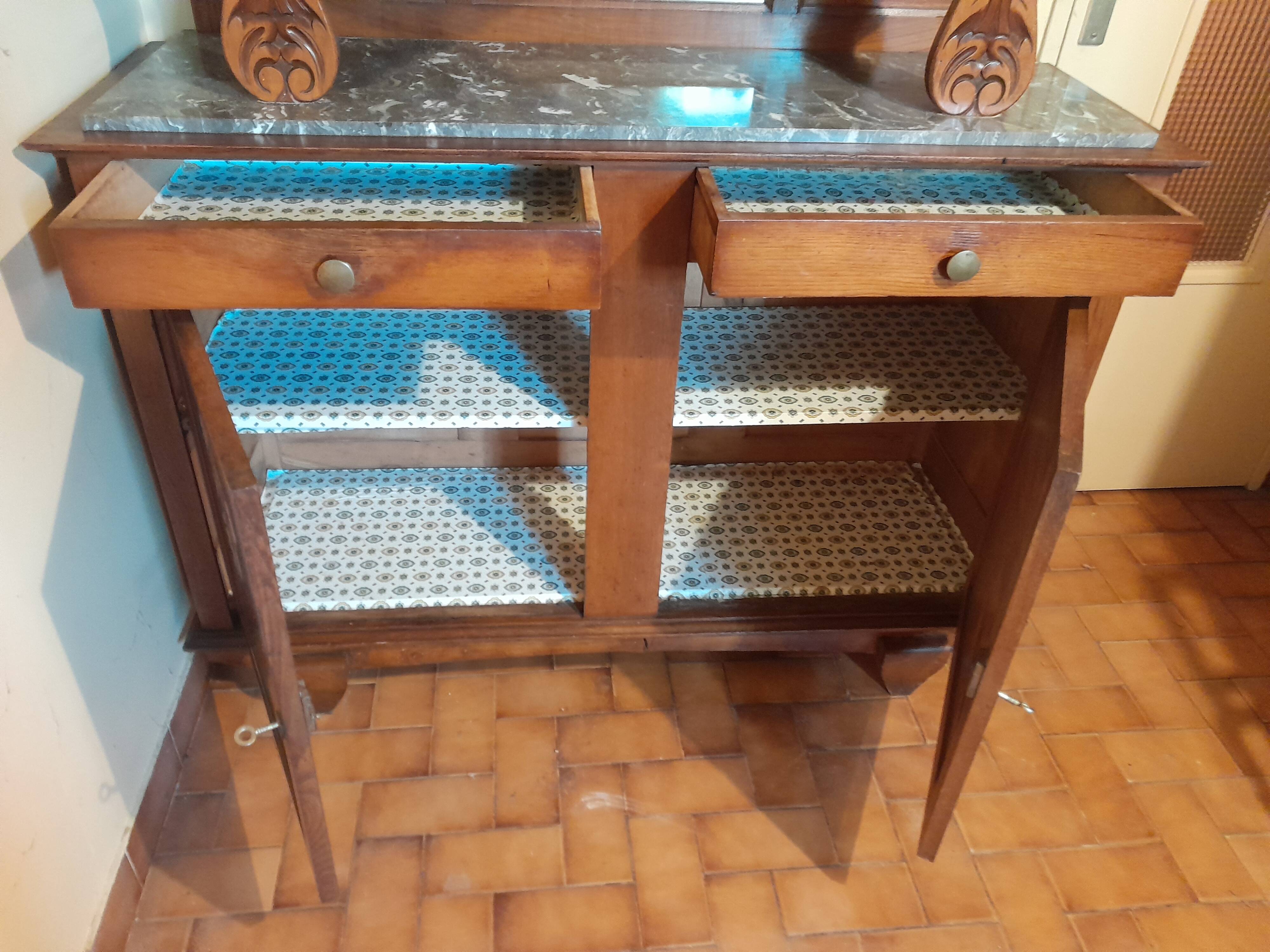 Antique two-body buffet in carved wood - marble top - very good condition