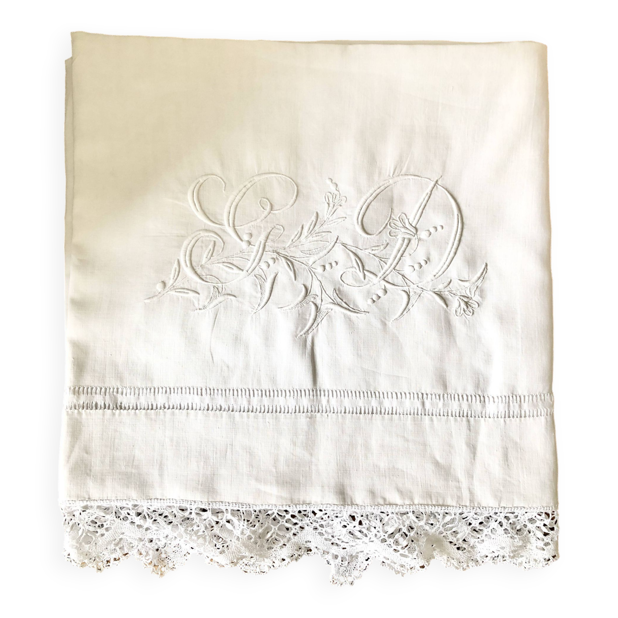 Old pure linen sheet embroidered and monograms
