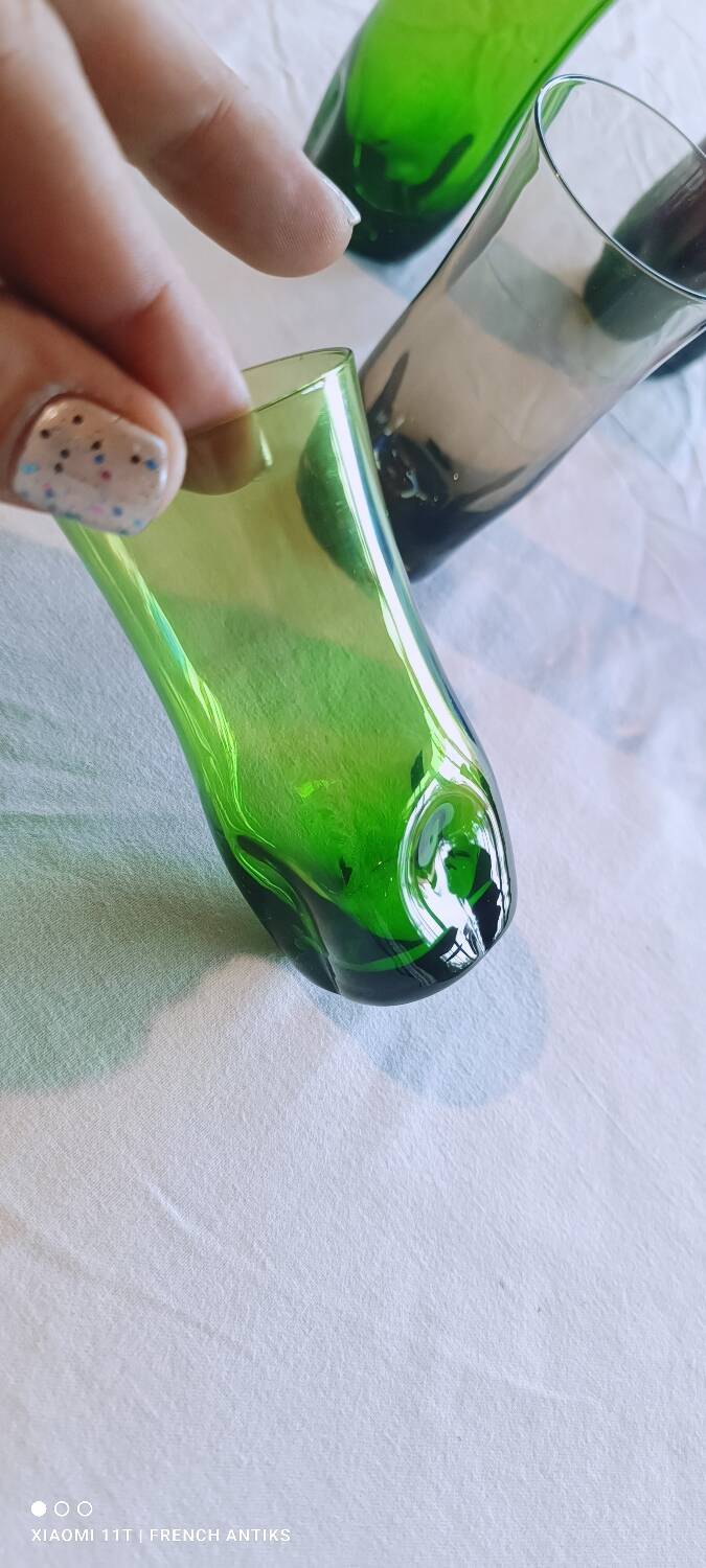 5 aperitif glasses, smoked glass, Portieux glassworks, 1970s