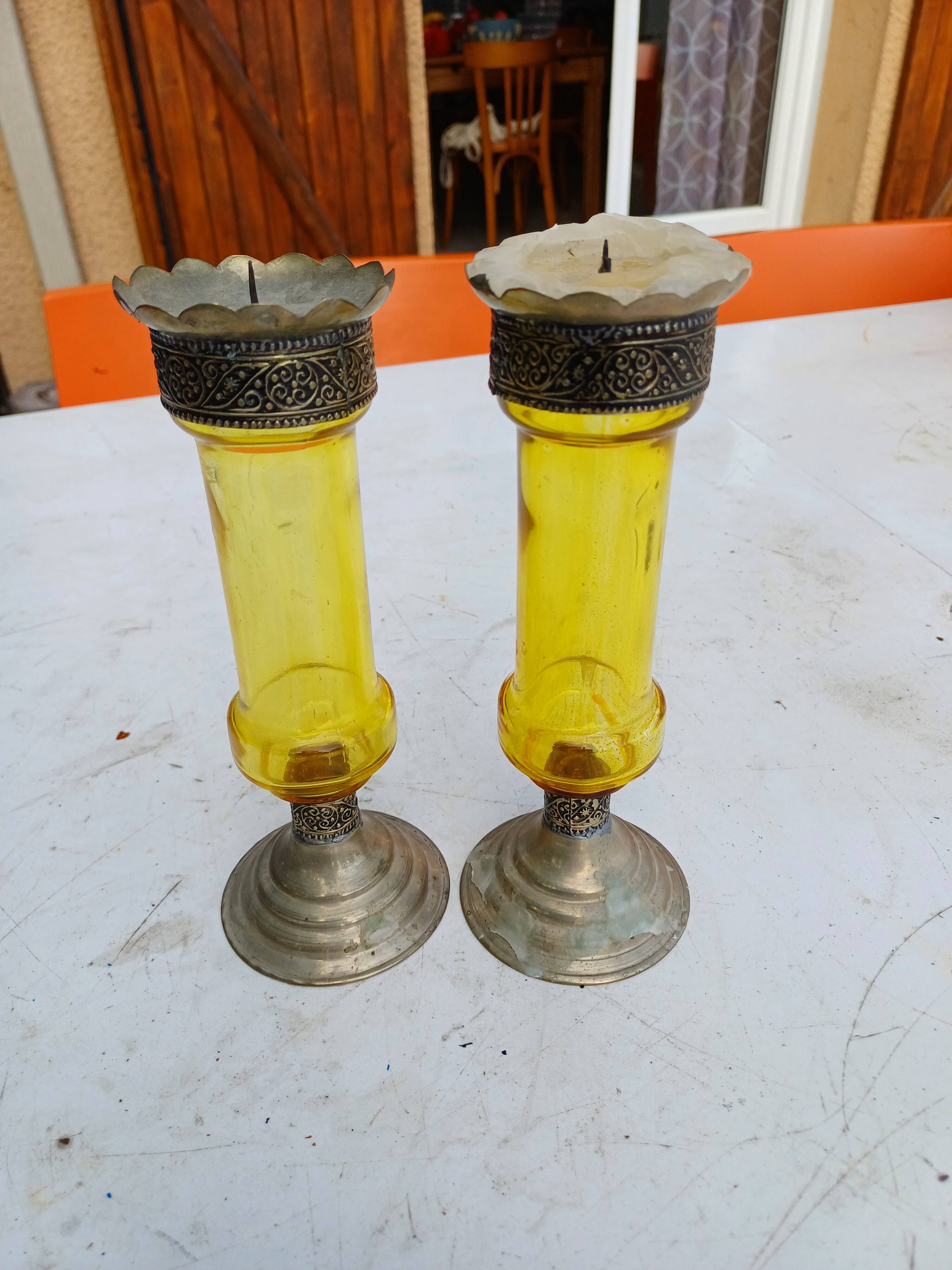 Pair of Silver Metal Candlesticks, Yellow Glass