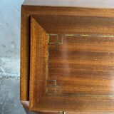 DeCoene antique wood writing desk with beige striped upholstered chair, brass-accented classic set