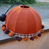 Suspension lampshade dome orange jute, brown pompoms, seventies