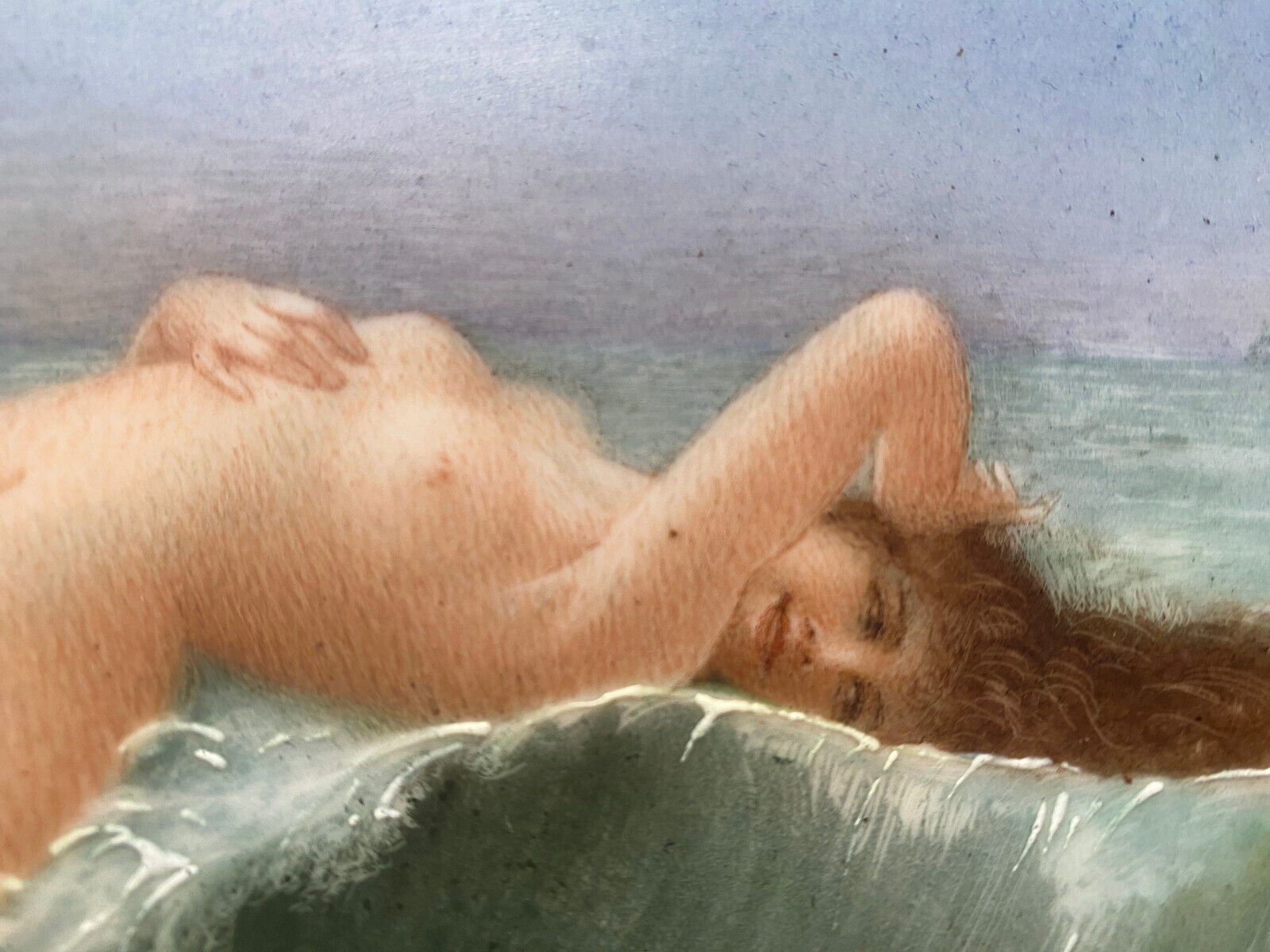 Painting HSCéramique "Nue sur la vague" signed M. Damon 1918 + frame