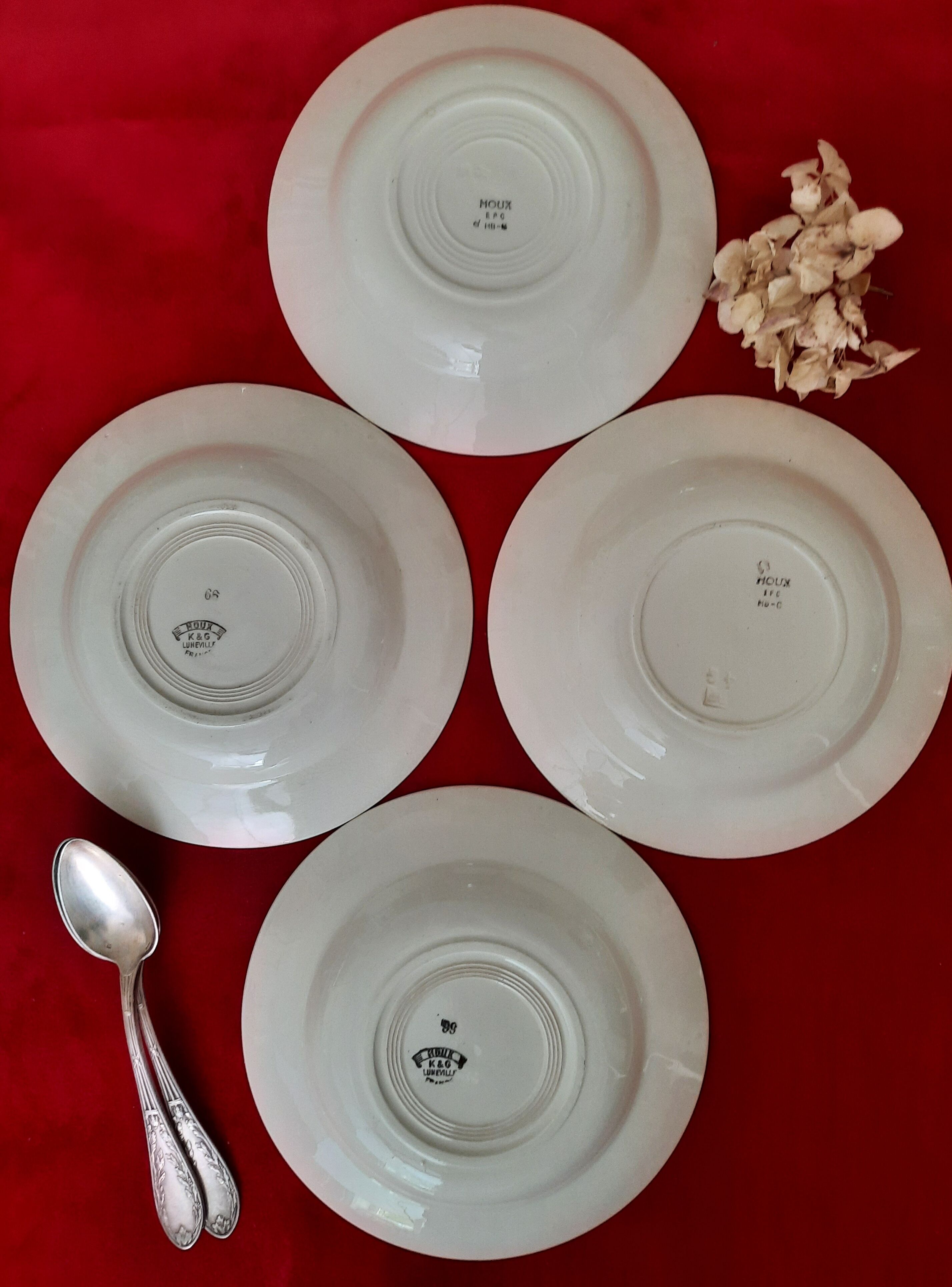 Flat, dessert, hollow plates and tureen in old earthenware