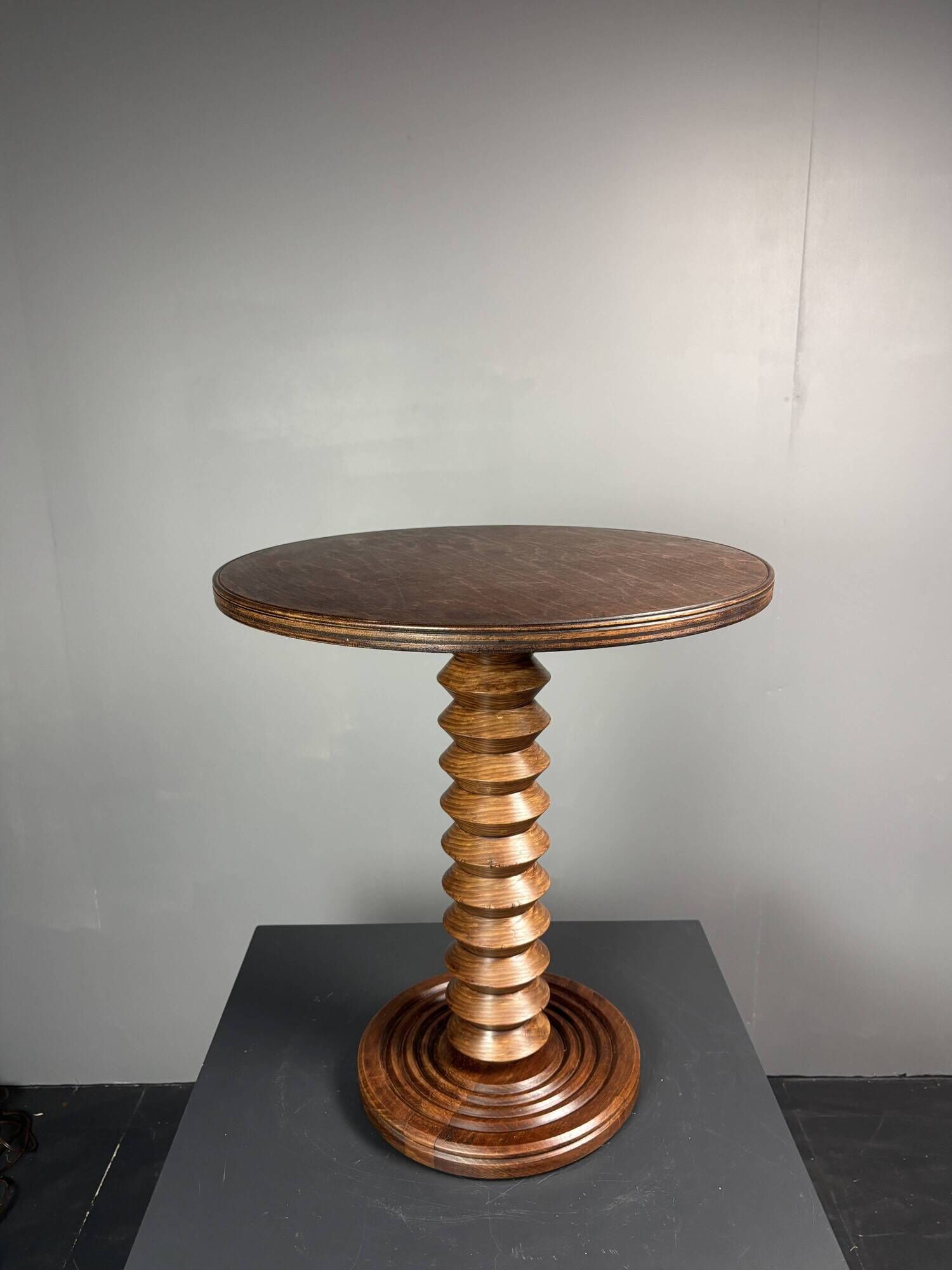 Midcentury brutalist wood turned side table, Charles Dudouyt style, 1950s