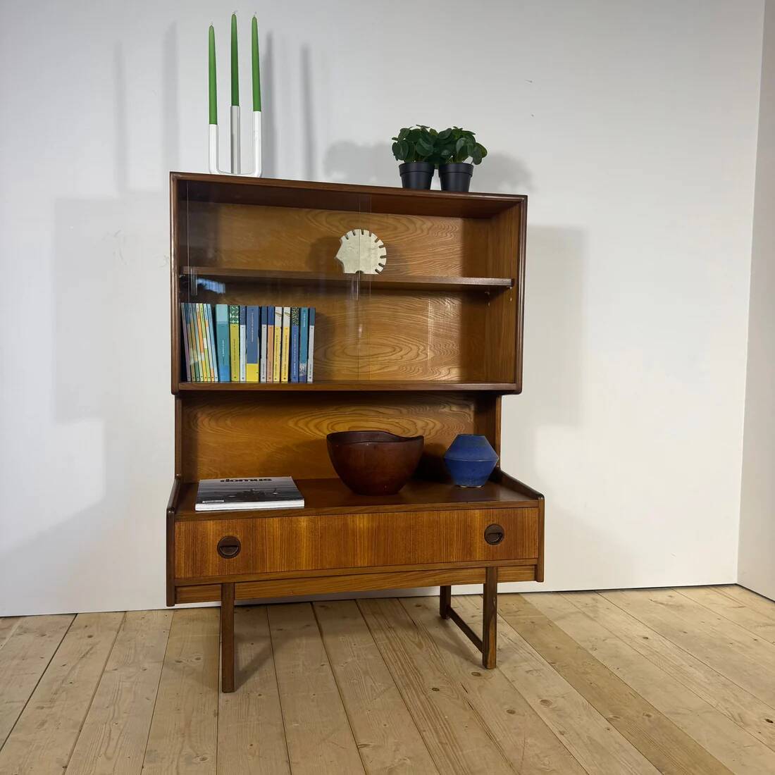 Vintage teak bookcase with glass doors – Scandinavian mid-century elegance