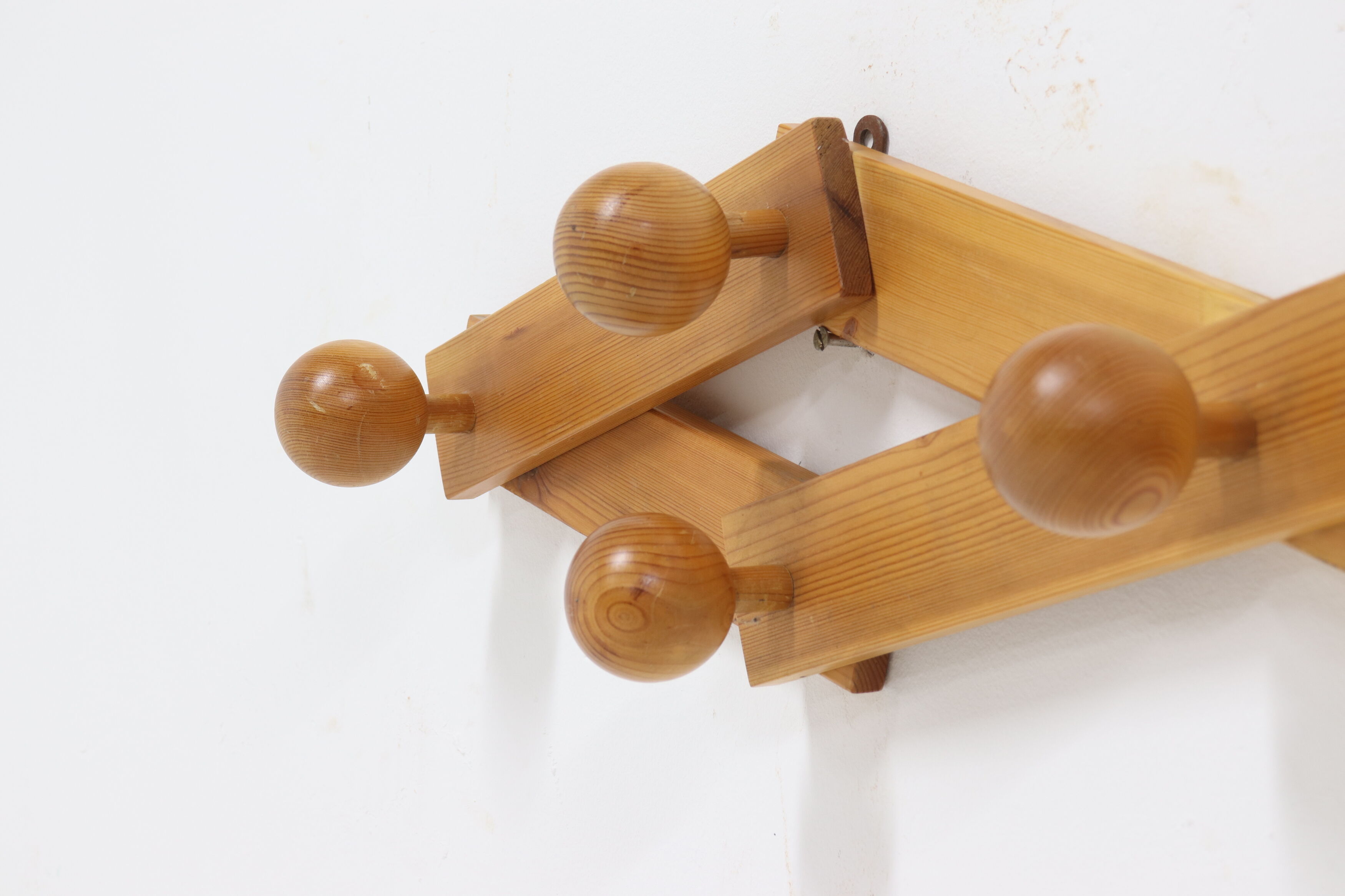 Scandinavian Solid Pine Wall Mounted Coat Rack 1970s