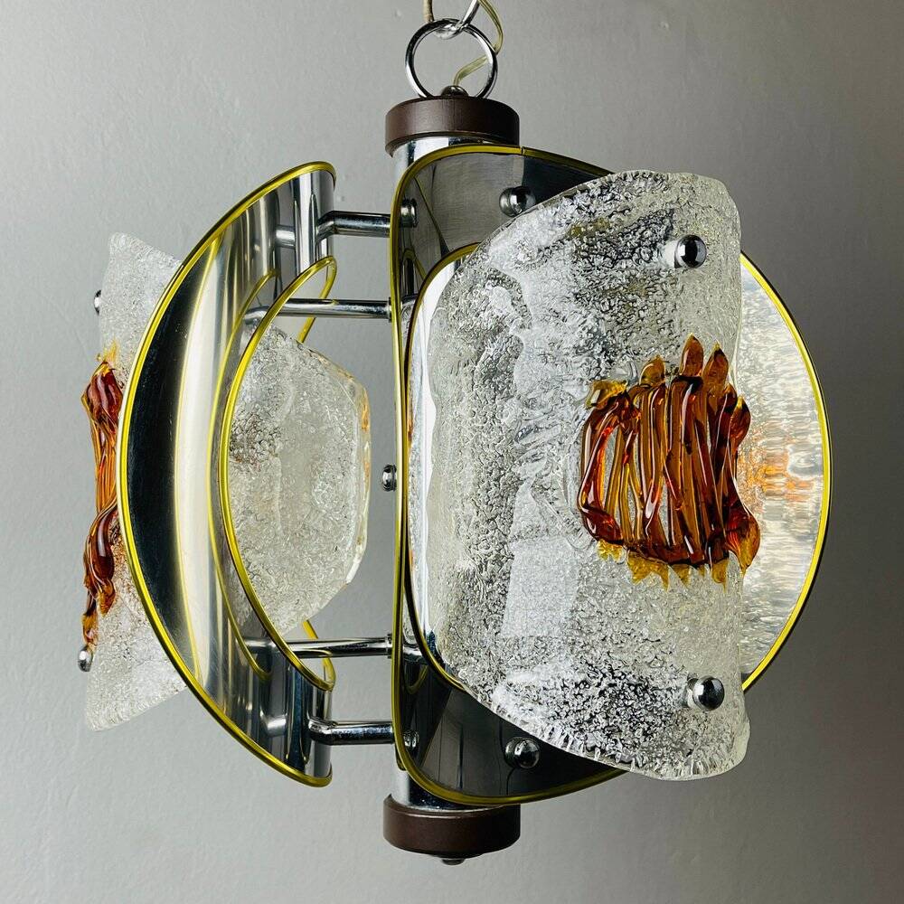 Amber mid-century chrome chandelier by Toni Zuccheri for Veart, Italy, 1970s.