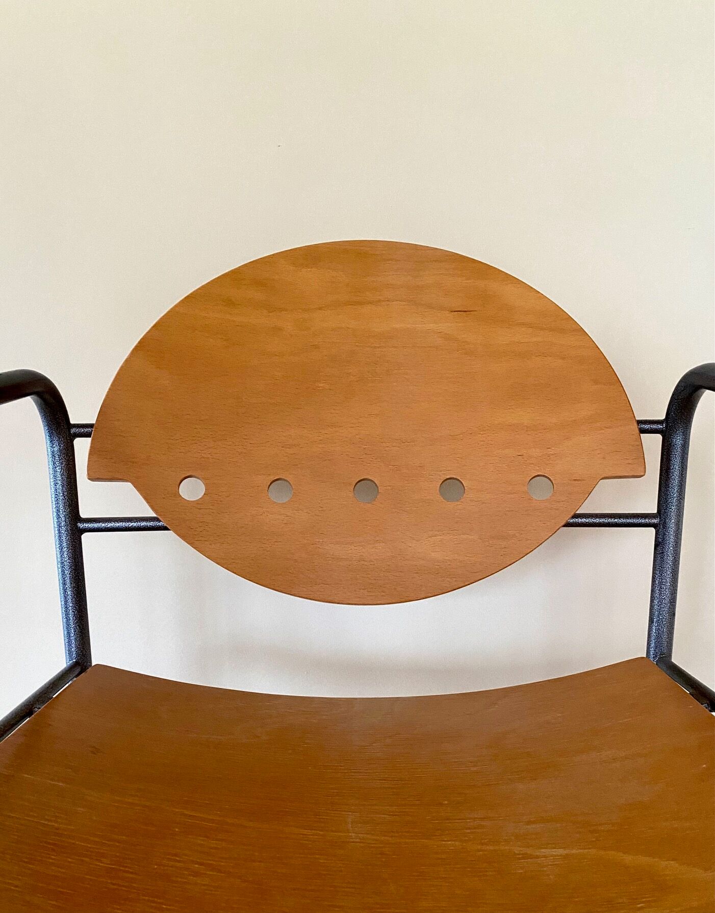 Pair of wooden and steel armchairs, 1980's