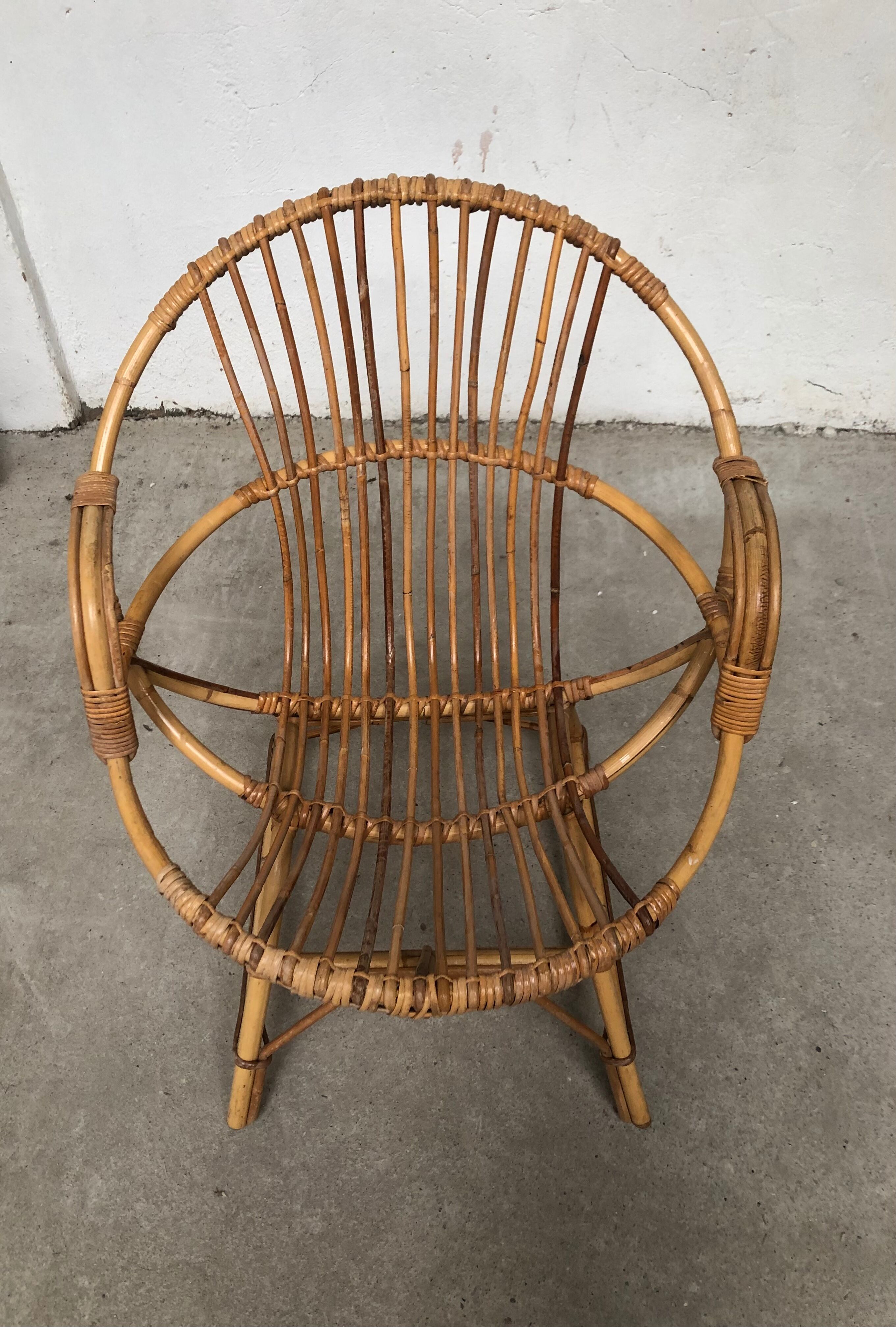 Vintage 70s rattan bamboo wicker shell armchair