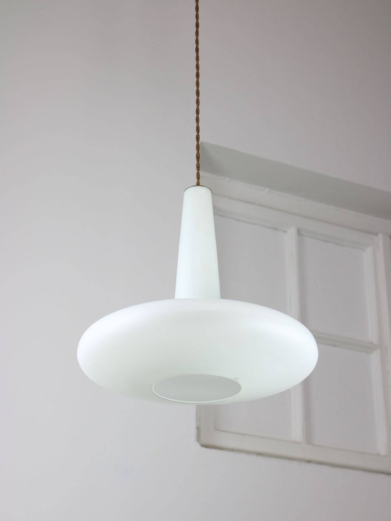 Mid-century italian brass and opaline hat pendant lamp
