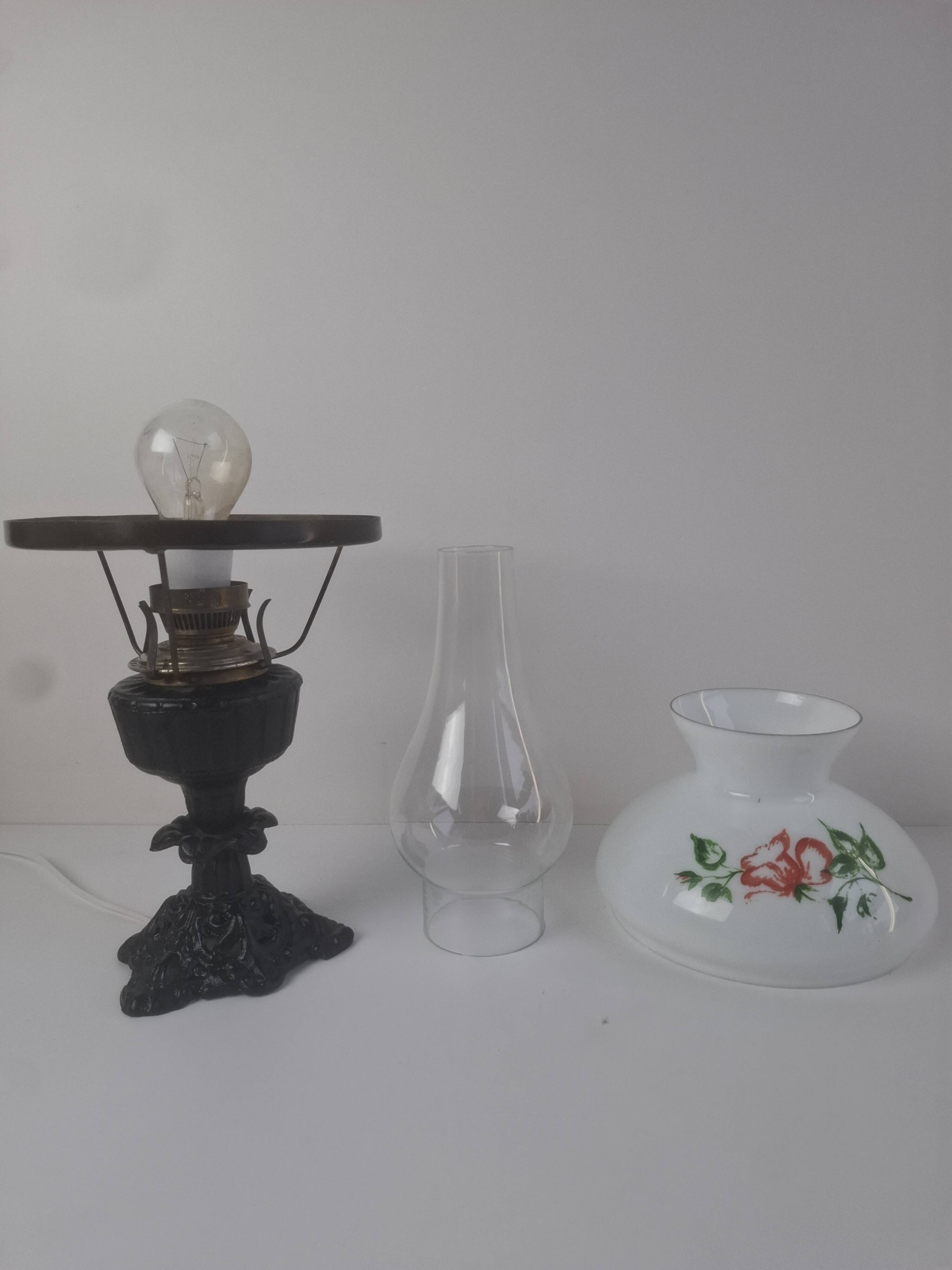 Mid-century Czech cast iron glass lamp vintage floral shade home lighting