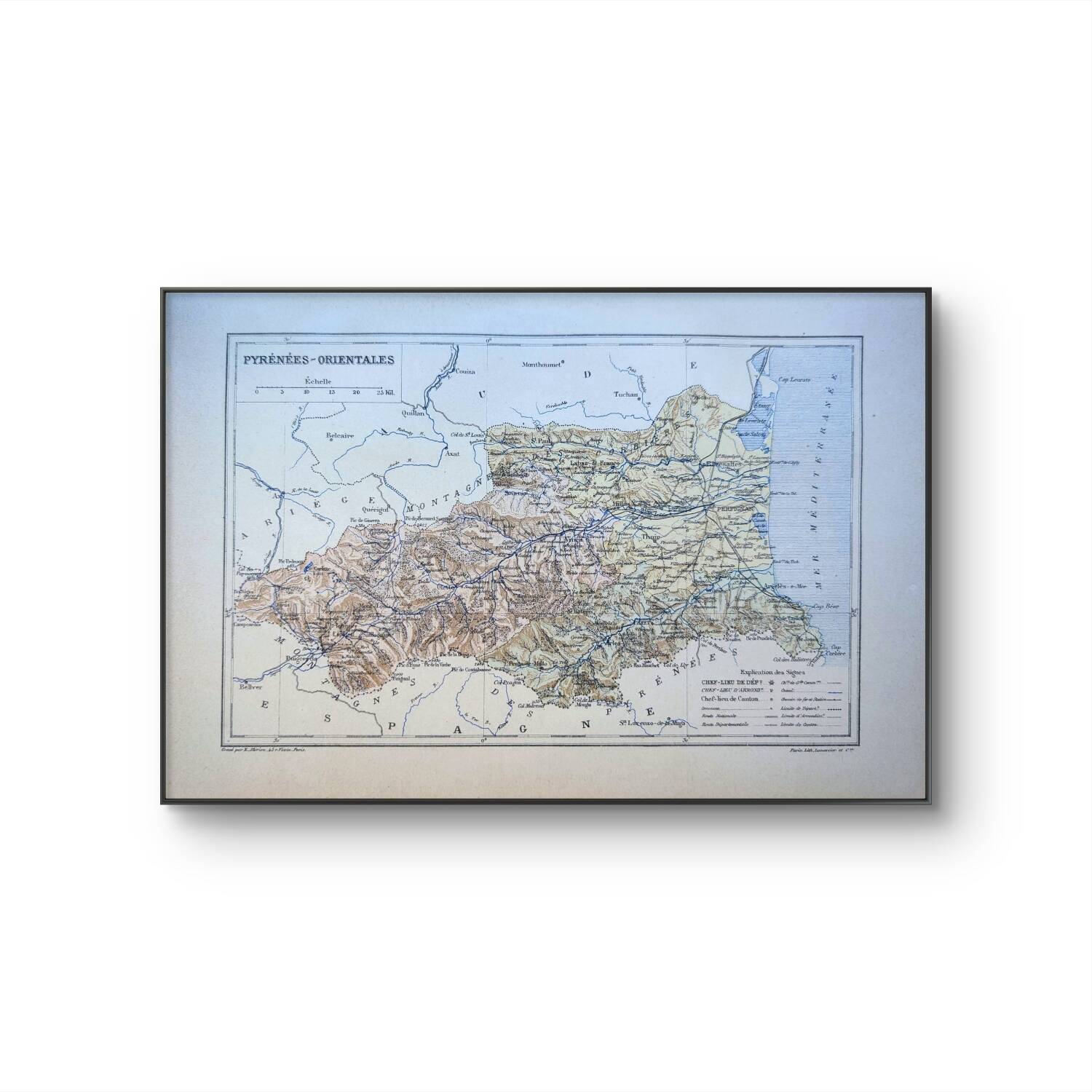 Map of Pyrénées-Orientales, 1889. Authentic Vintage.