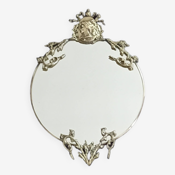 Round Mirror With Ribbon Crest And Portrait Of Lady In Golden Metal