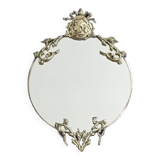 Round Mirror With Ribbon Crest And Portrait Of Lady In Golden Metal