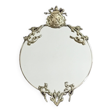 Round Mirror with Ribbon Crest and Lady's Portrait in Gilded Metal