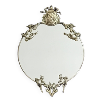 Round Mirror With Ribbon Crest And Portrait Of Lady In Golden Metal