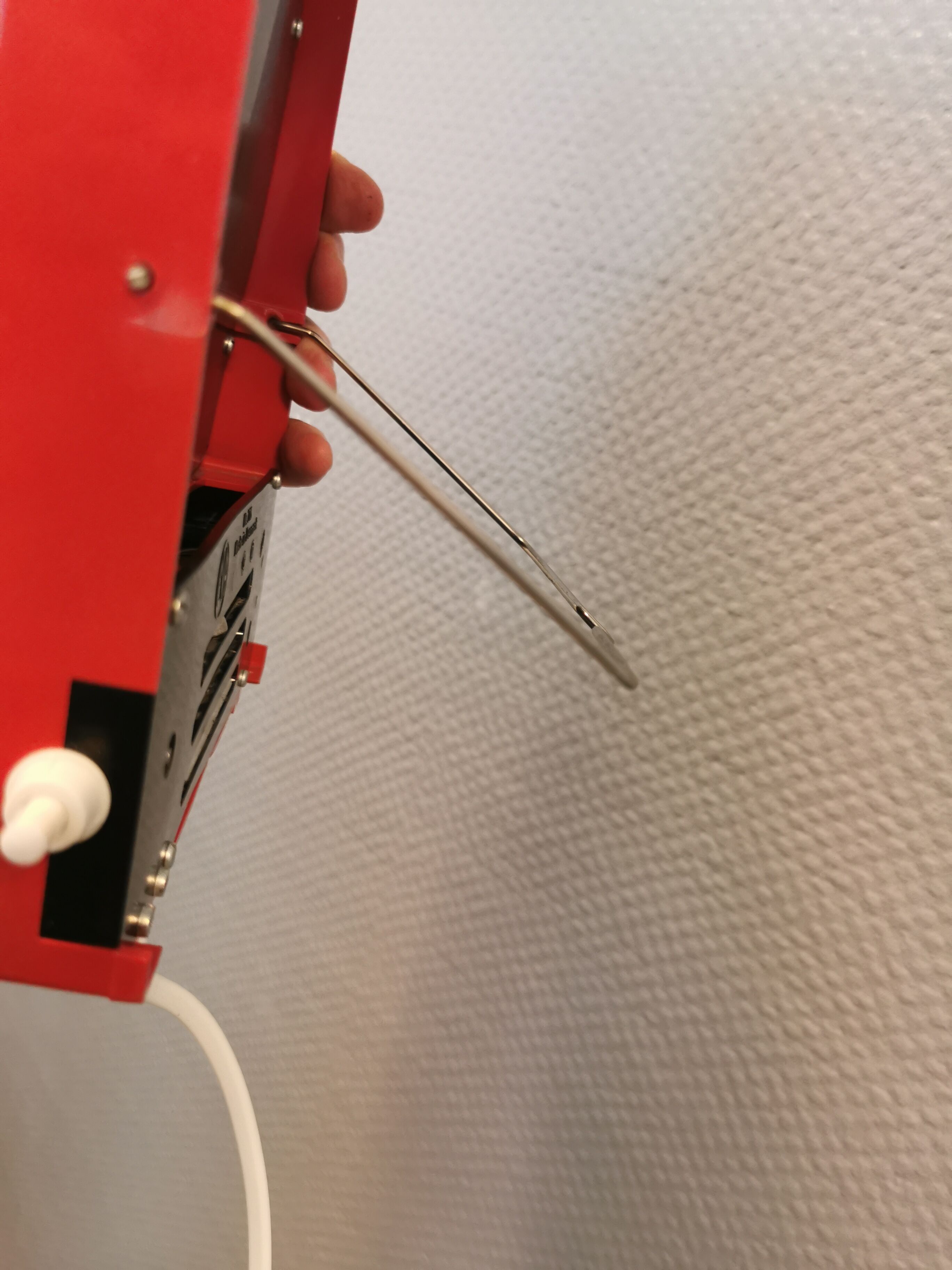 Red danish make up mirror with light and power plug from the 1970