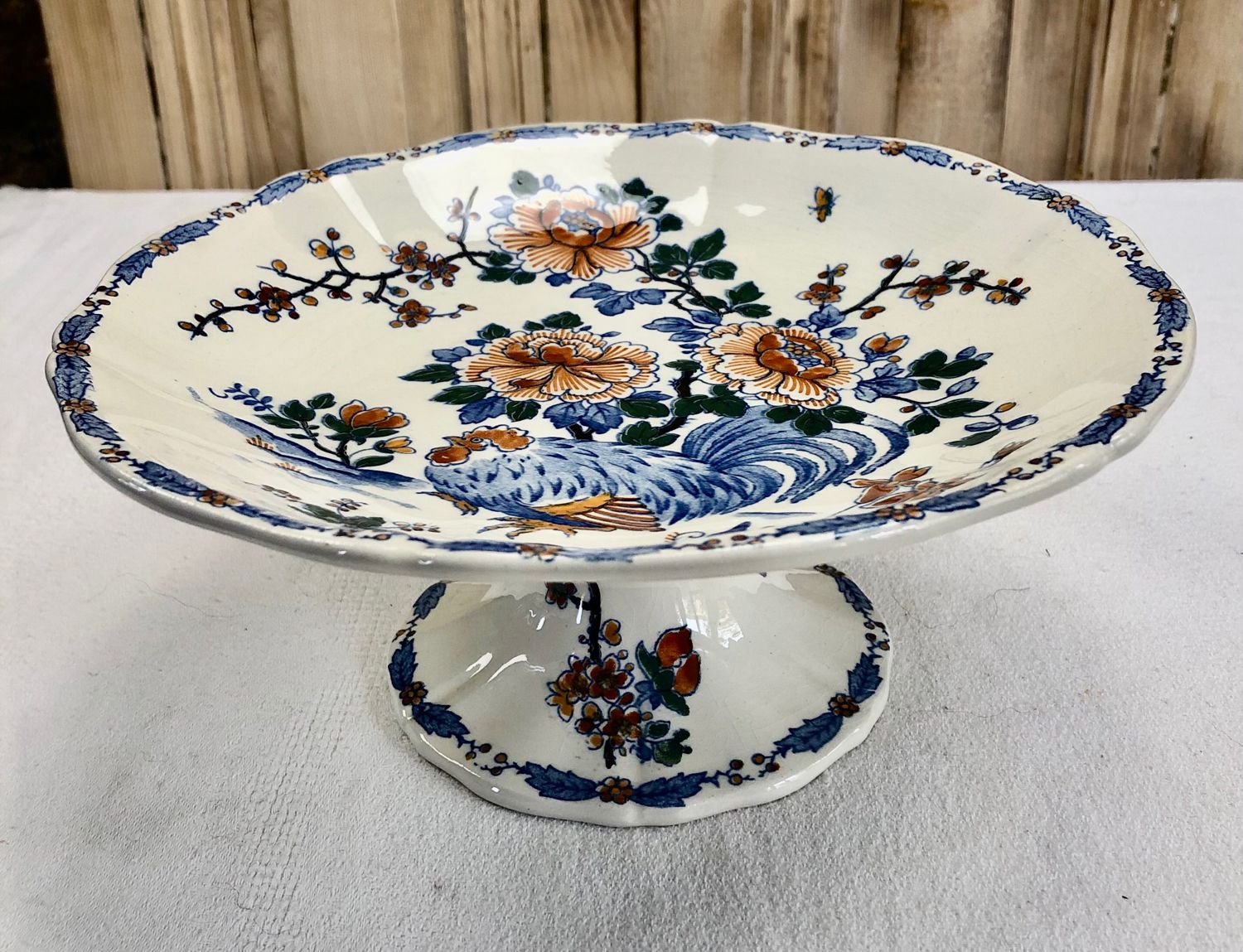 Compotier fruit cutters on pedestal Gien rooster and peonies 1938 1960