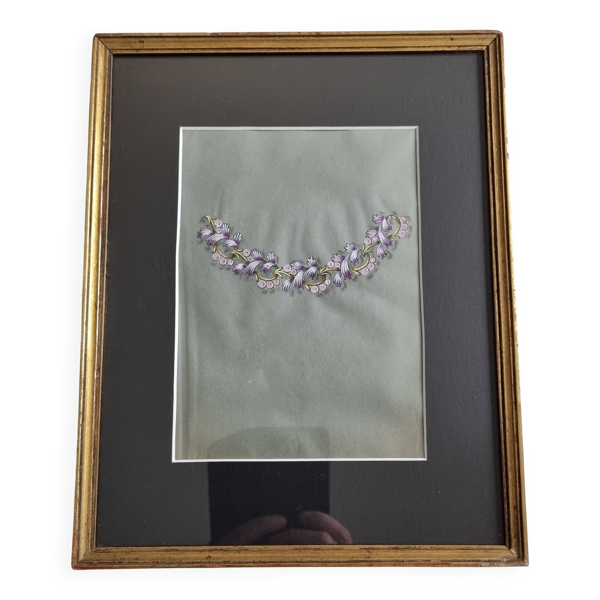 Gouache Art Déco 1930 – Prototype de collier floral encadré 23×28 cm