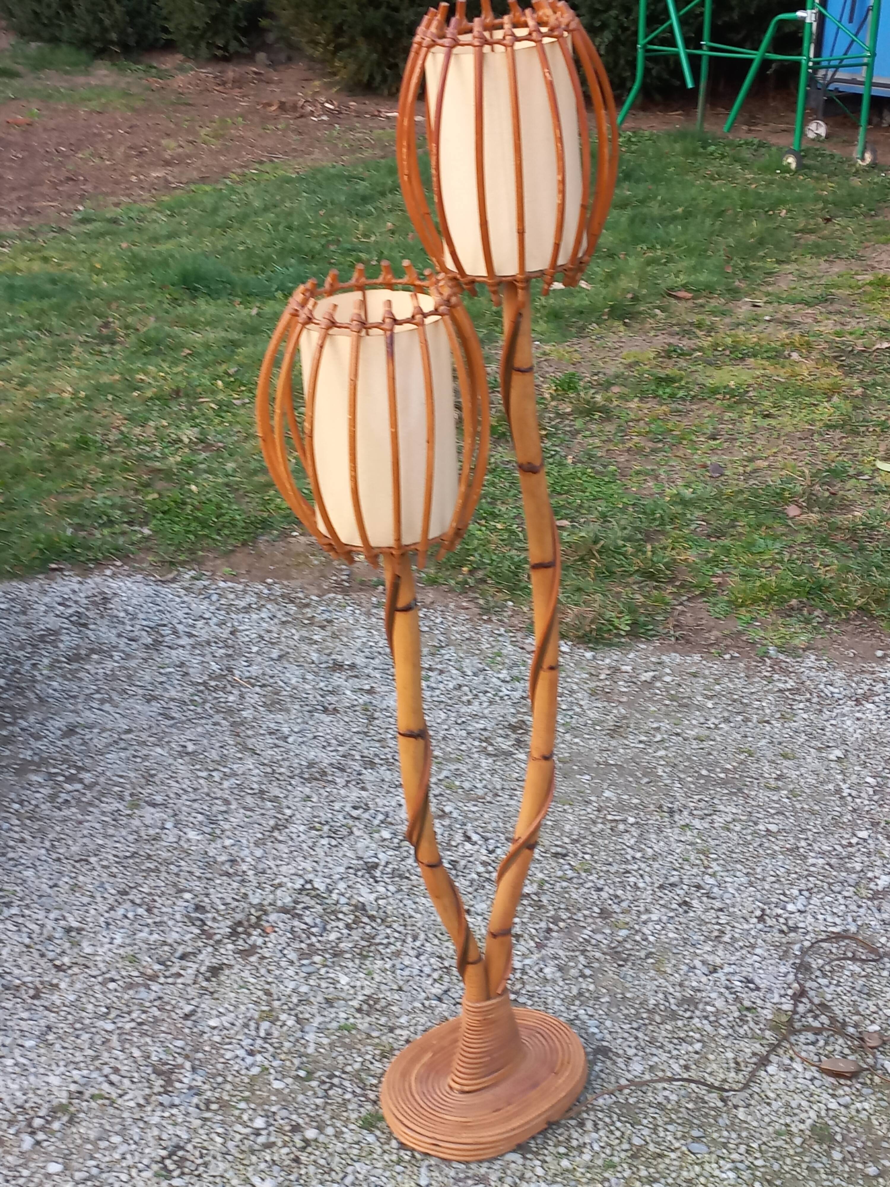 Bamboo and rattan floor lamp 2 lights from the 70s