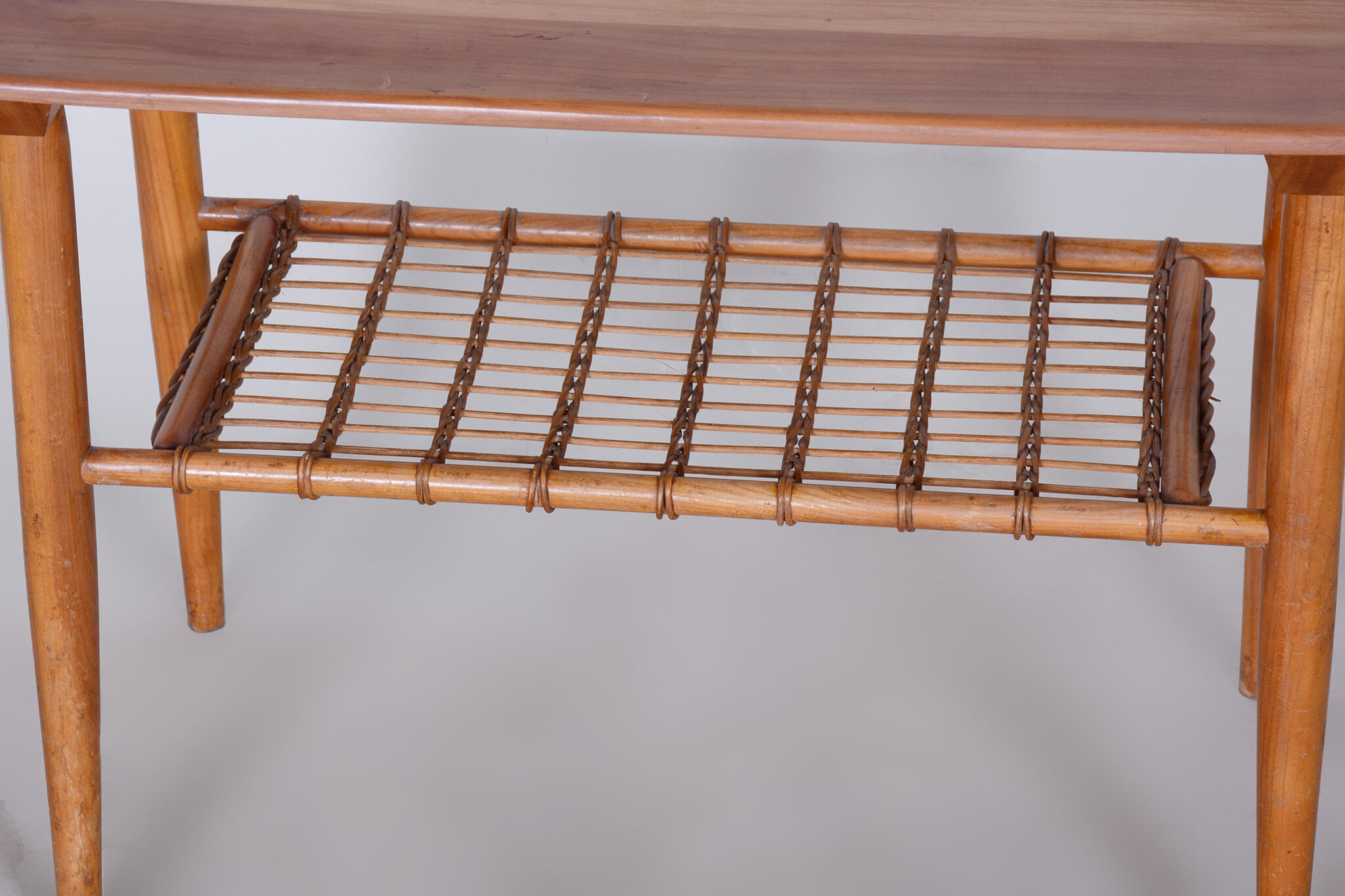 Restored Mid-Century Style Coffee Table, Cherry-Tree, Rattan, 1950s, Czechia