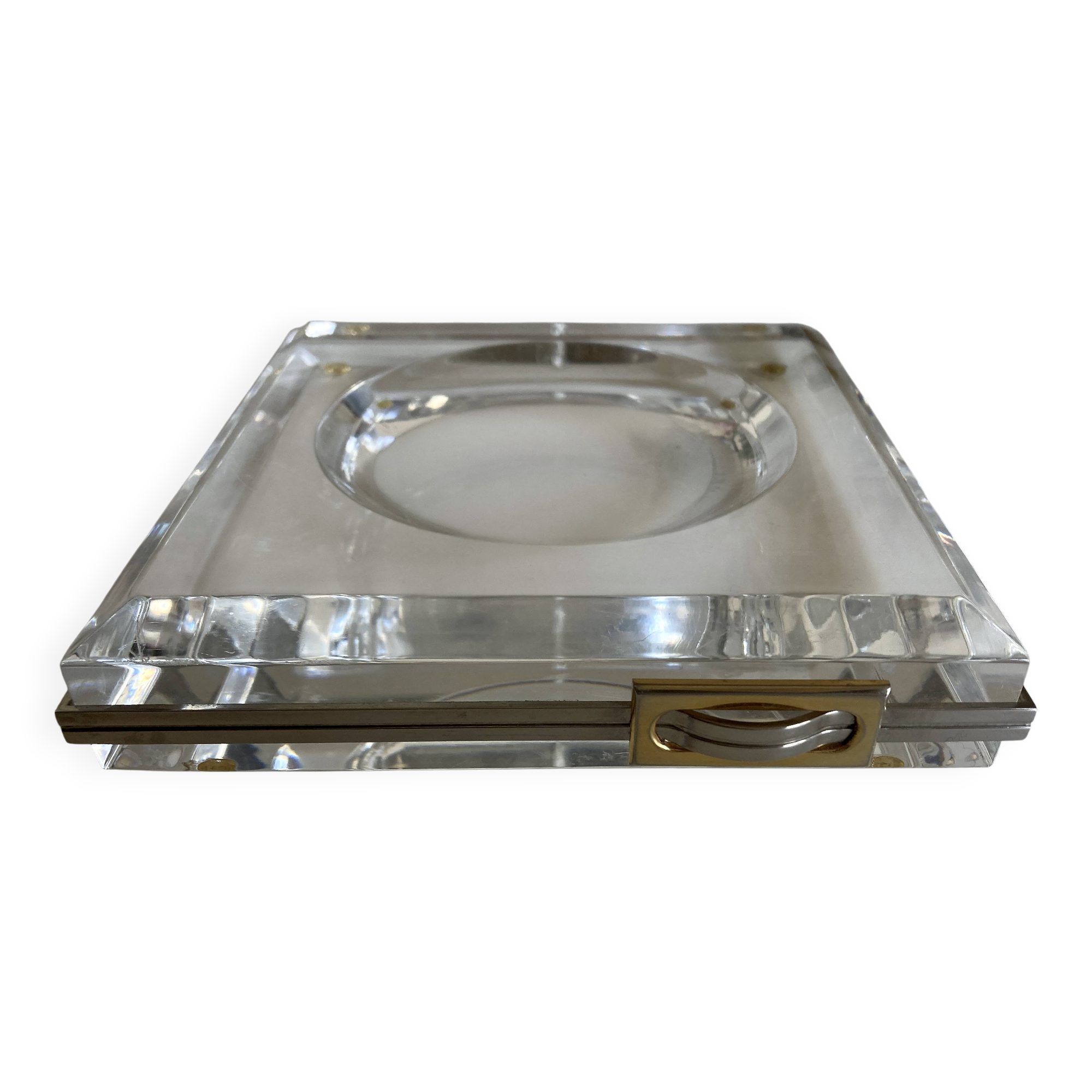 Plexiglas pocket emptier with brass and nickel silver surround, 1975, in the style of Pergay