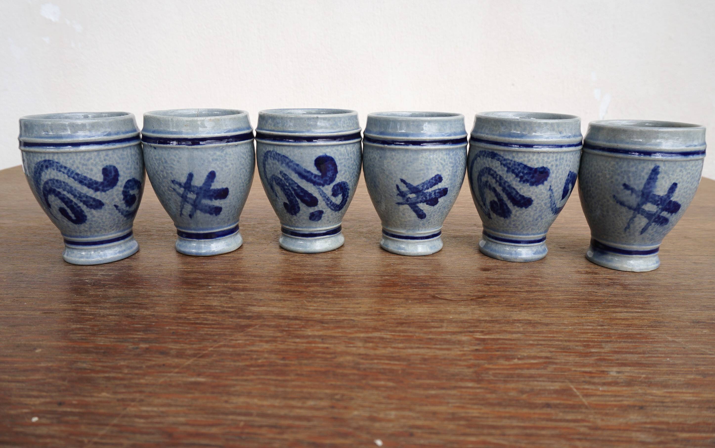 Pitcher and 6 glasses in vintage blue stoneware Marzi & Rémy German pottery