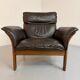 Vintage 70s Dreipunkt Scala design armchair in black leather and teak.