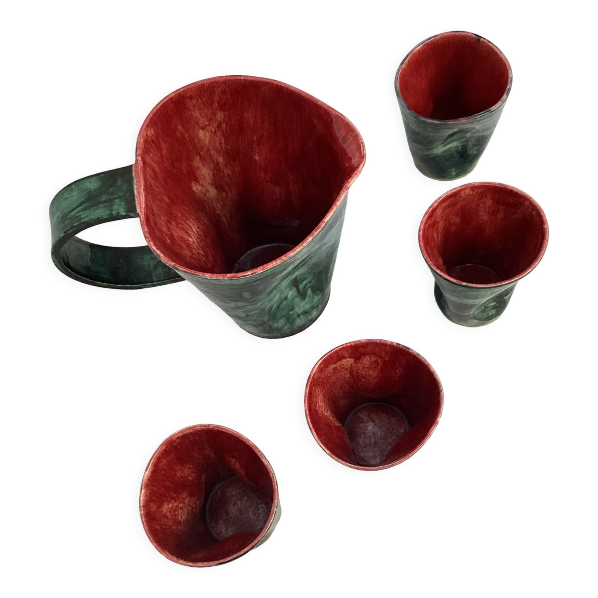 Art pottery of Val-de-Vie M.Clément pitcher with four cups dimension: height -20cm- l