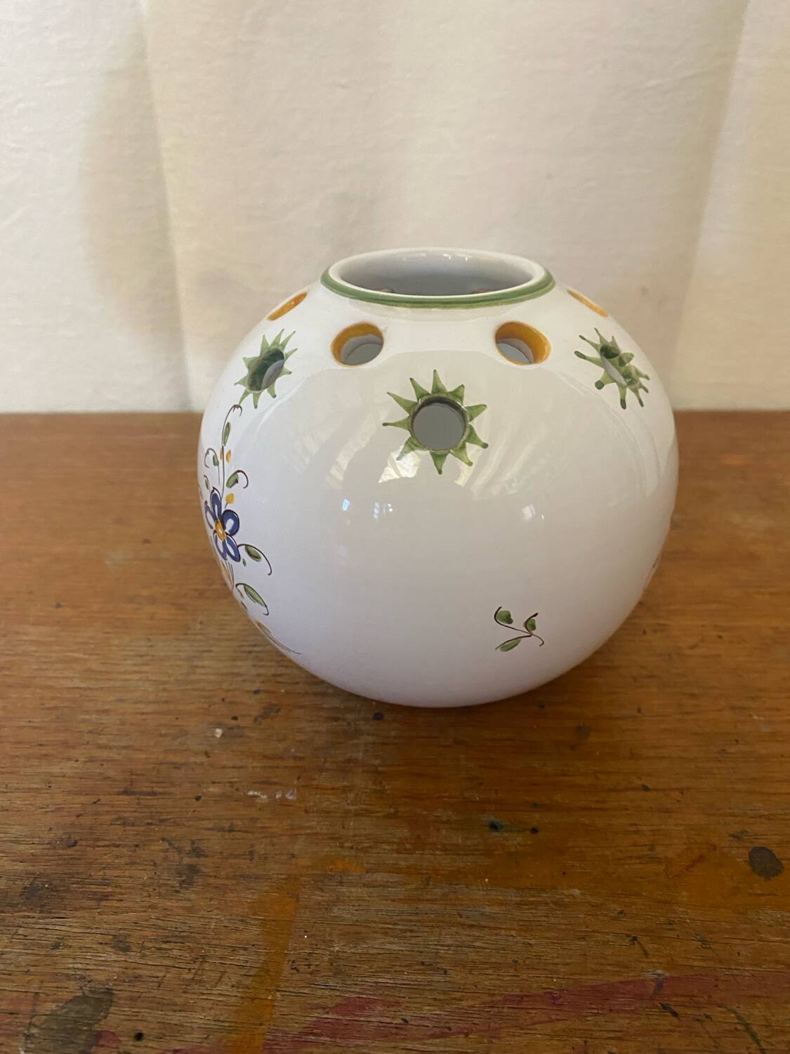 Antique flower vase moustiers white ceramic painted vintage