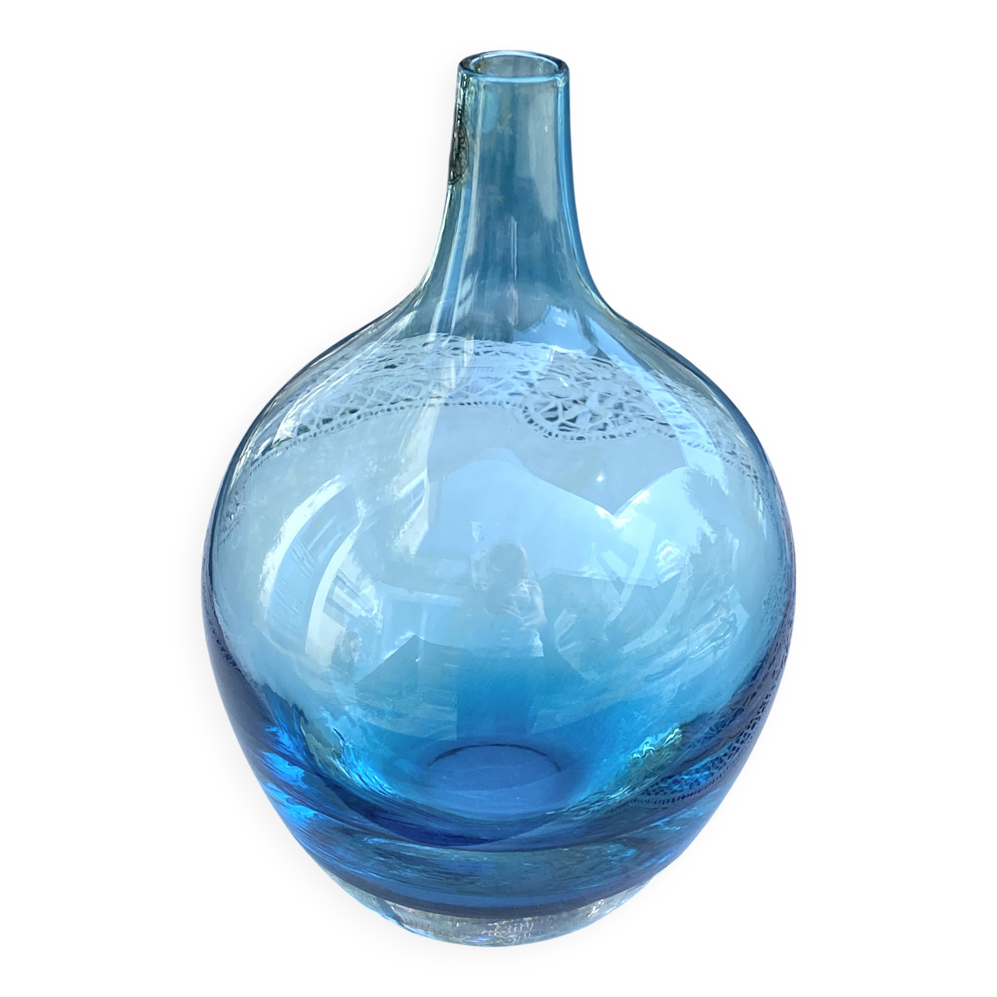 Vintage handmade aqua blue glass bud vase from the 1990s