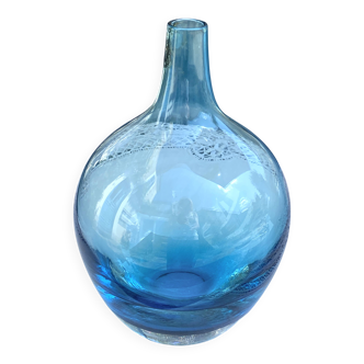Vase boule soliflore Vintage verre bleu Aqua fait à la main années 90