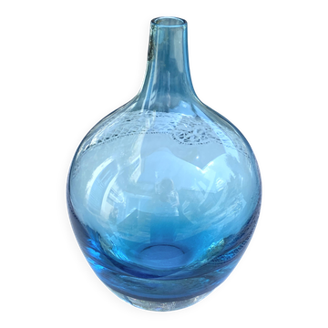 Vase boule soliflore Vintage verre bleu Aqua fait à la main années 90