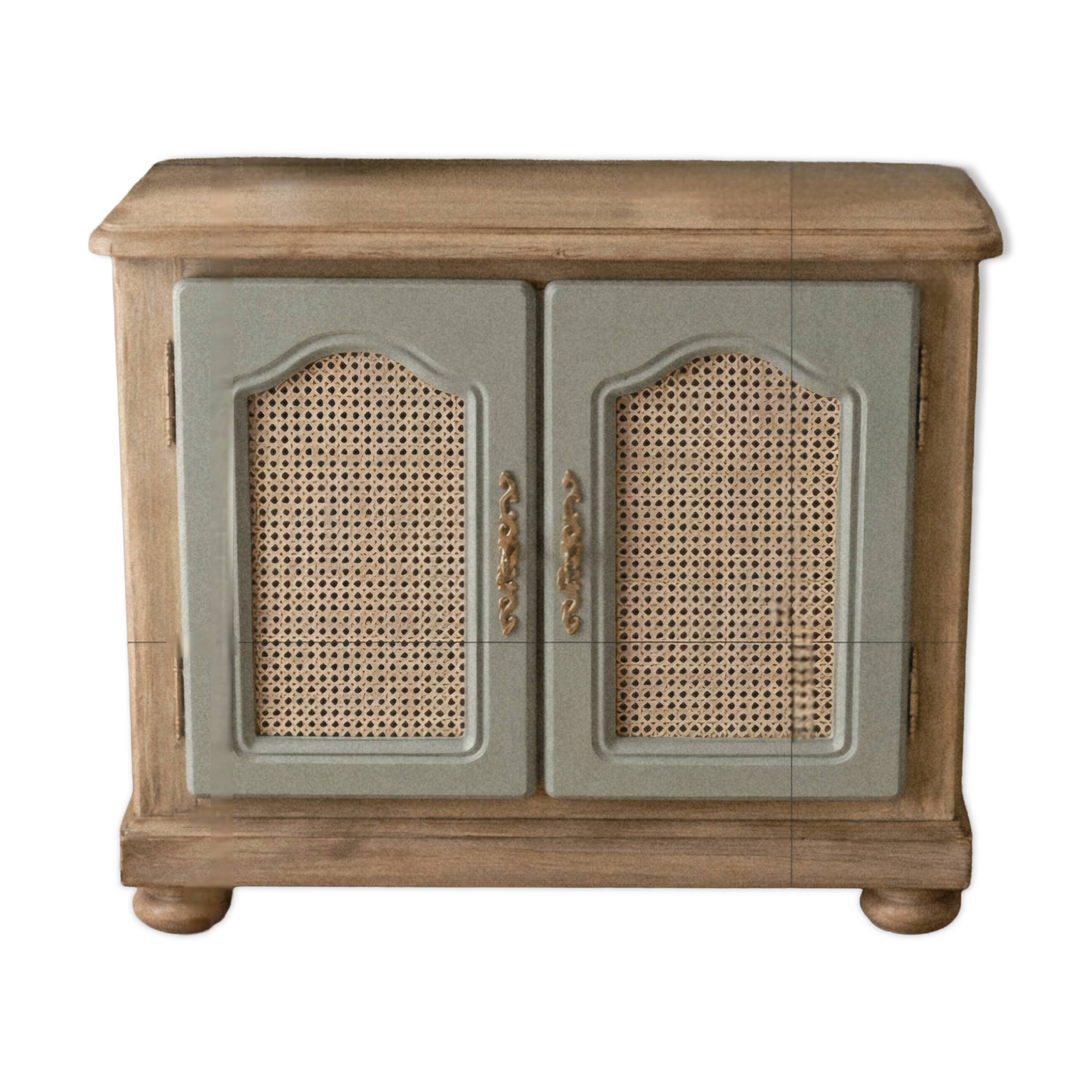 Renovated vintage sideboard in caning and sage green.