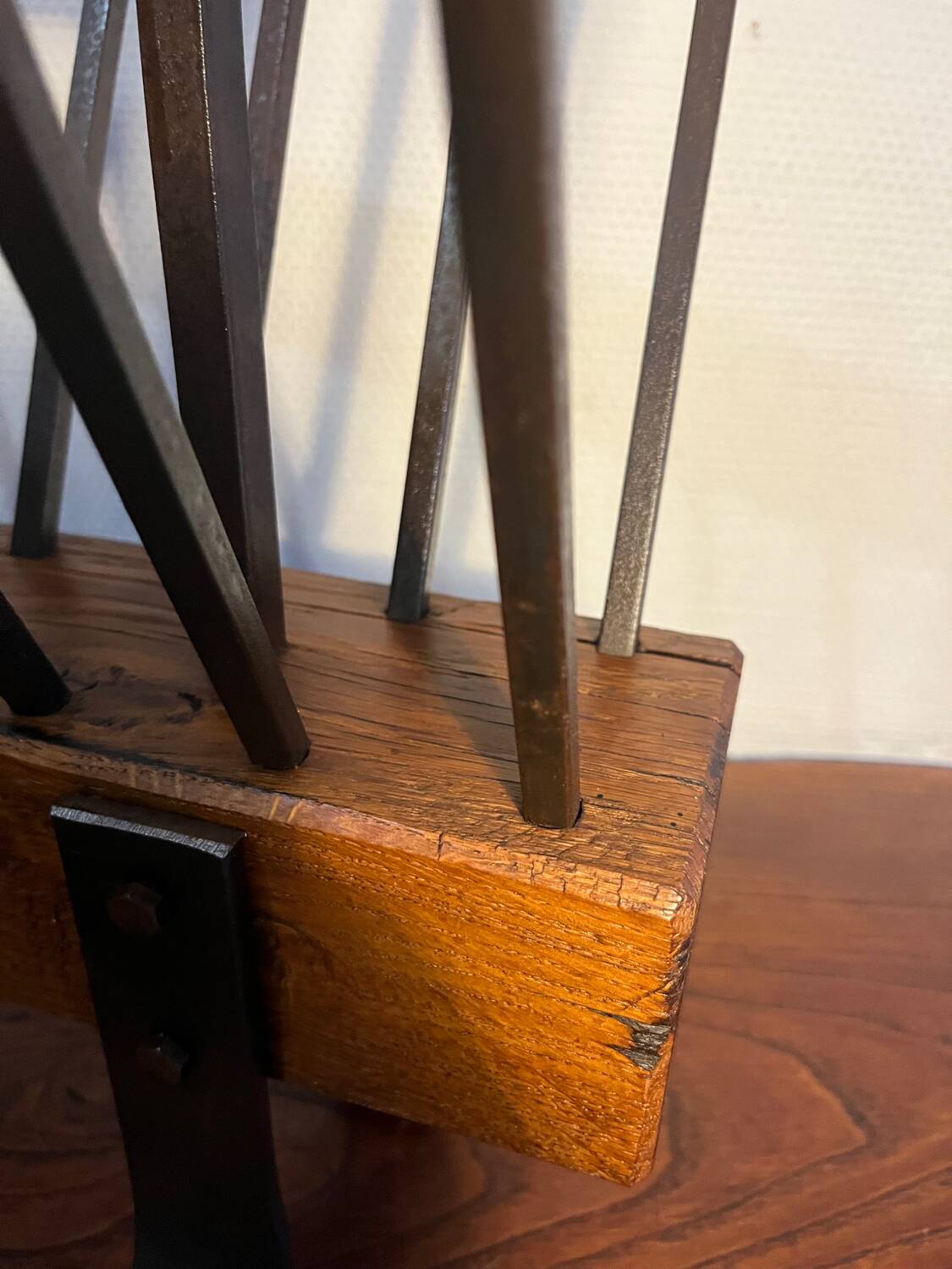 Brutalist magazine rack, solid wood and wrought iron