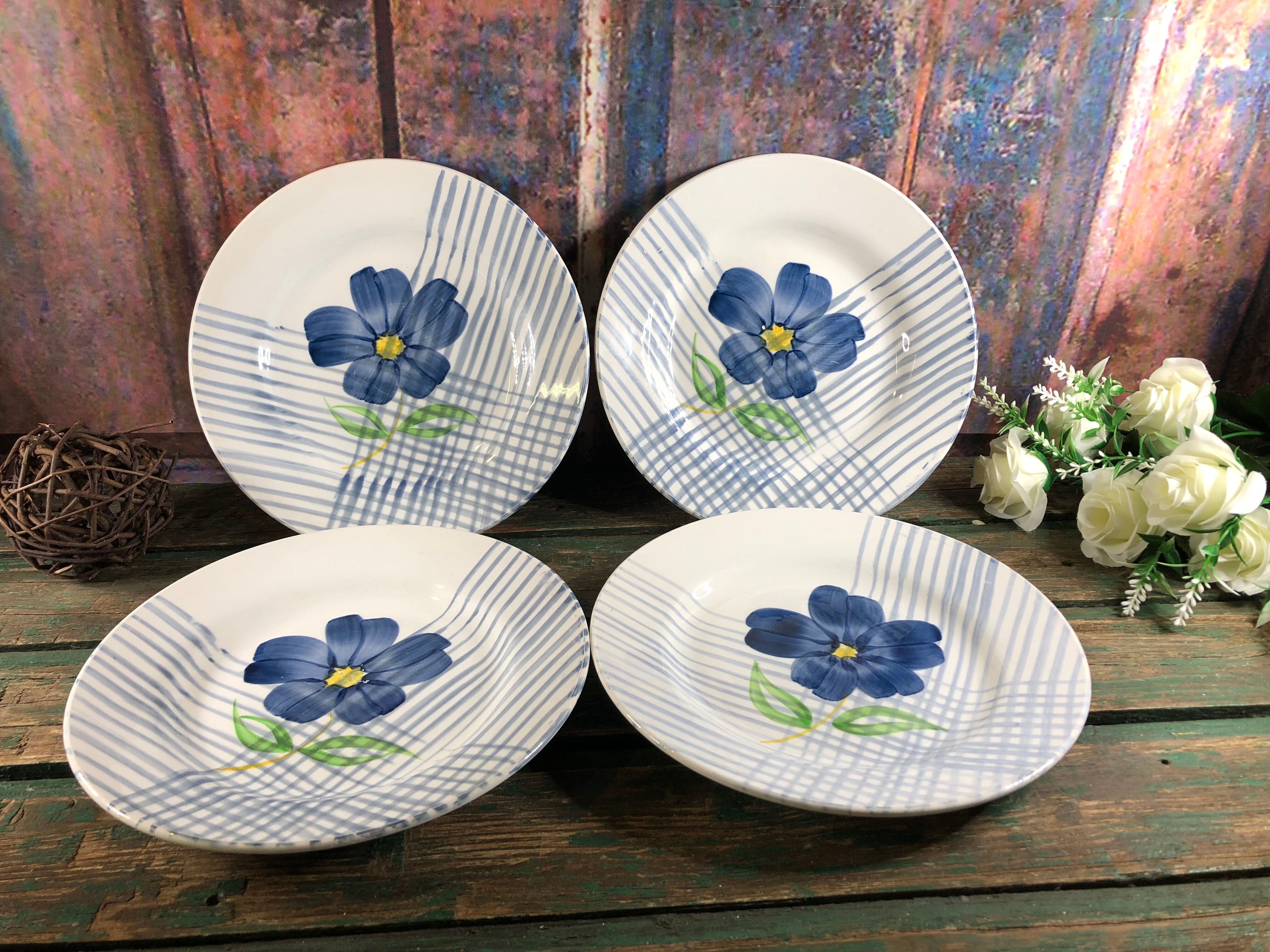 4 plates flat vintage blue flower Digoin Sarreguemines model Valentin