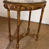 Wooden and marble pedestal table