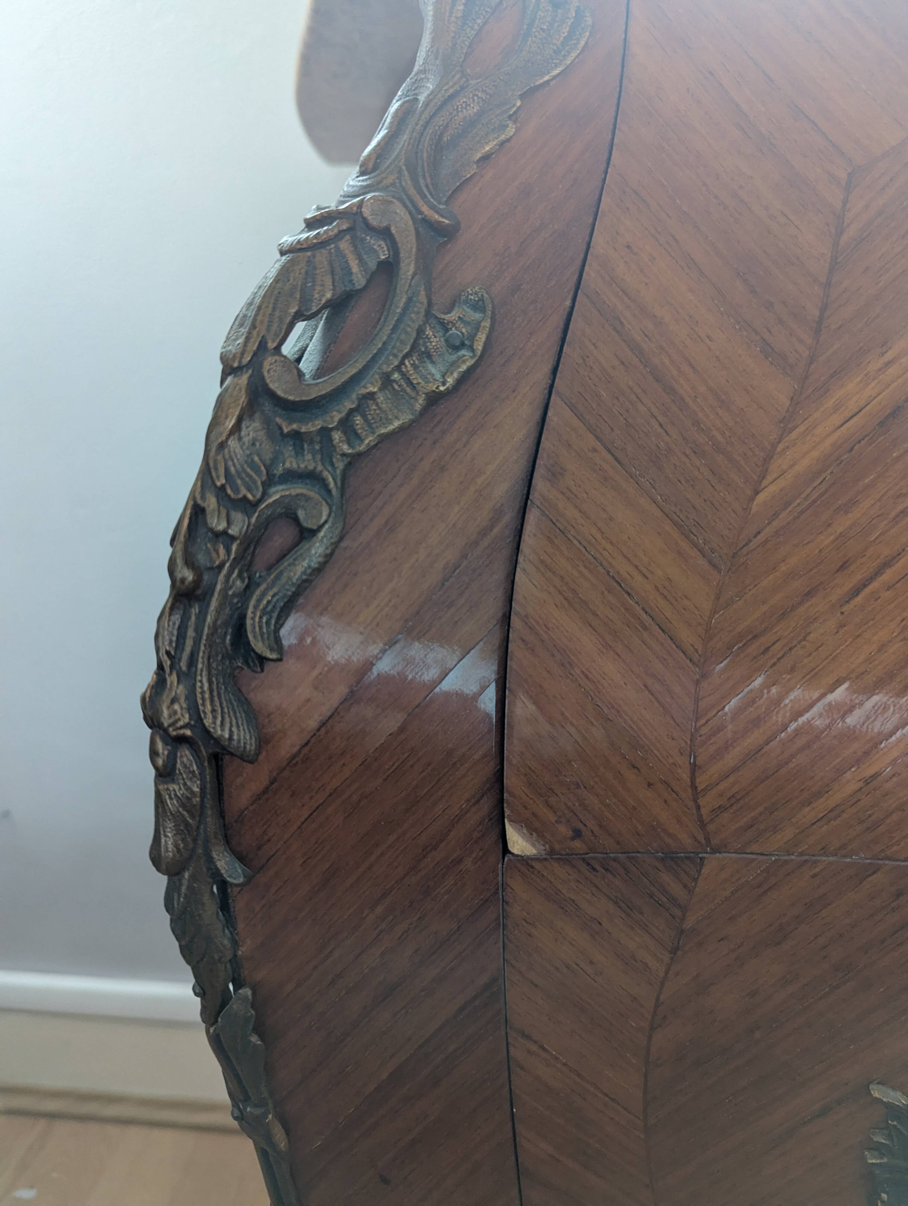 Curved commode in Louis XV style – marquetry & marble – bronze fittings