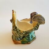 Ancien saleron en barbotine polychrome à décor de coq et poule