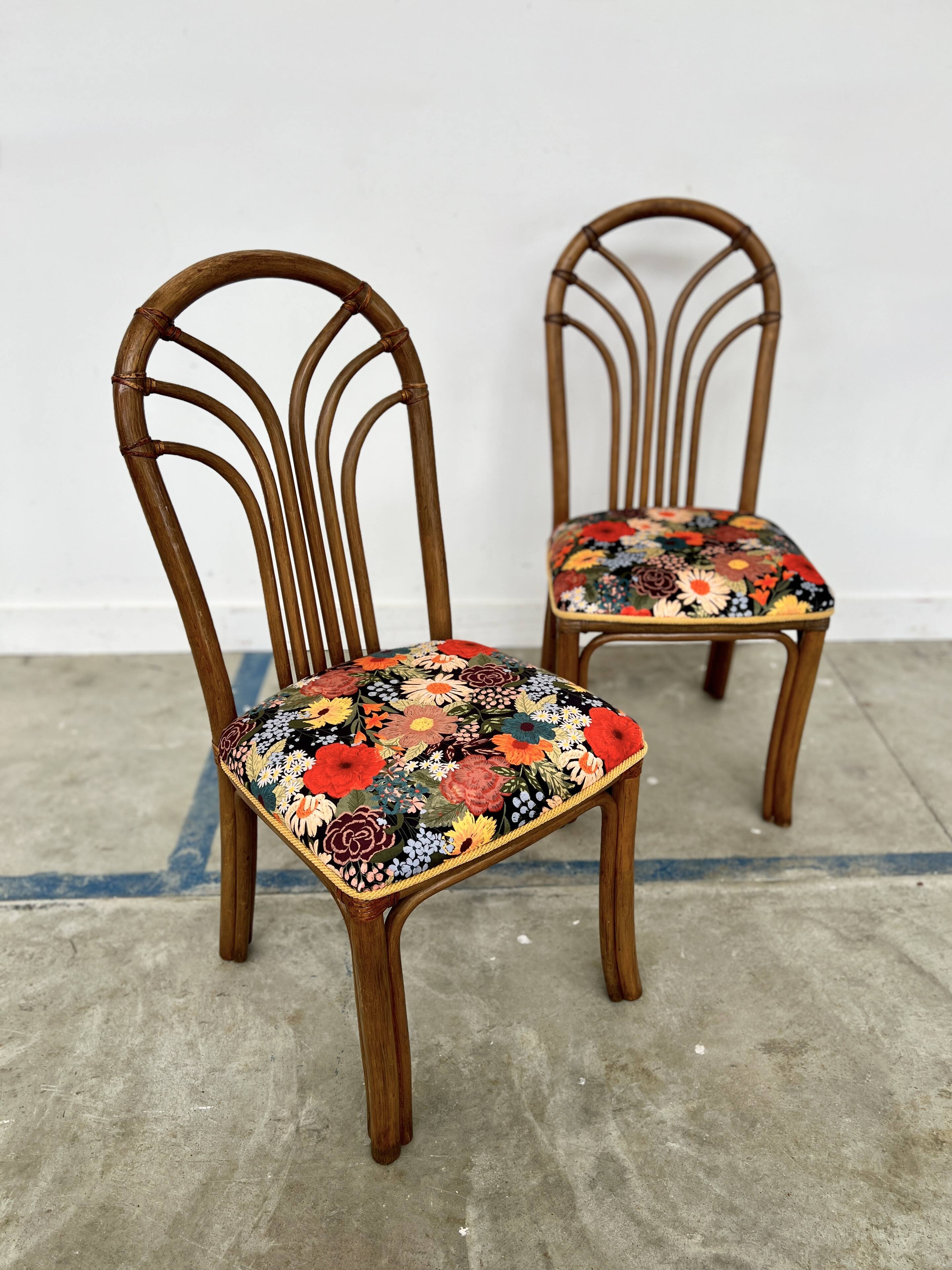 Set of 4 Rausch Rattan Curved Rattan Chairs - Floral Velvet Seats