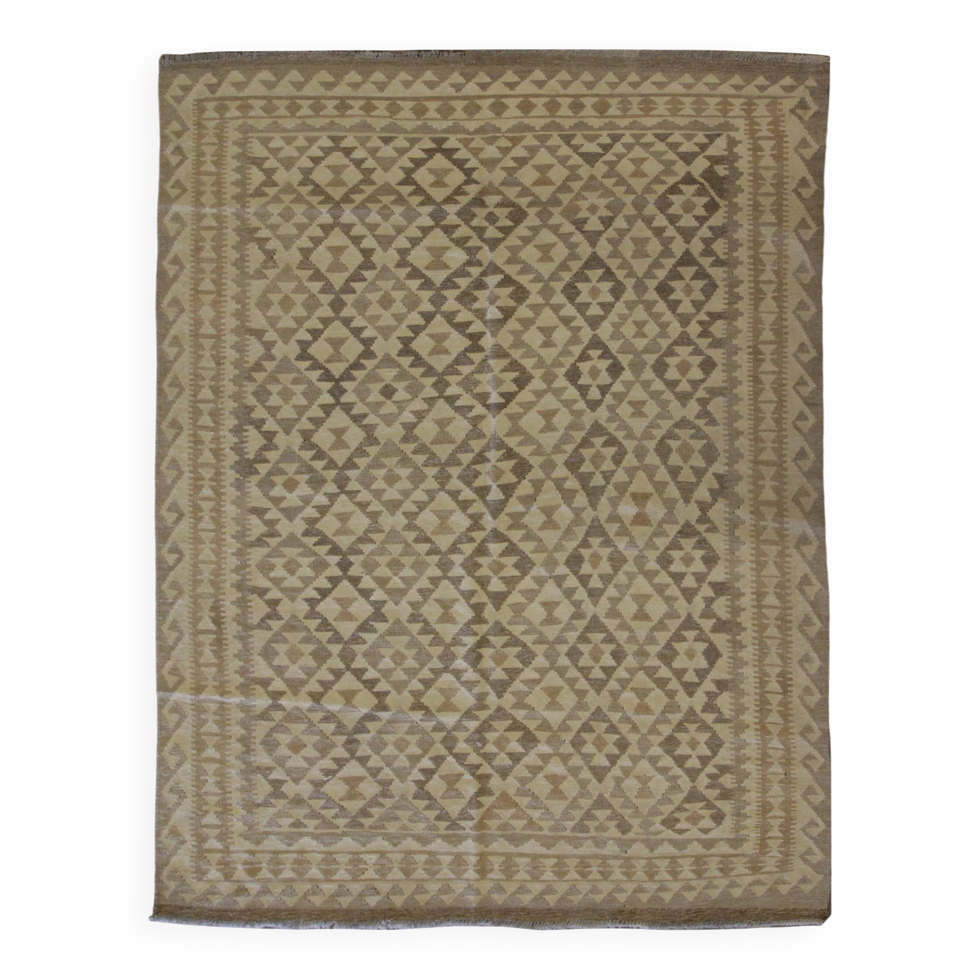 Tapis Kilim kaki-brun, laine afghane tissée à plat, tapis tribal géométrique fait main